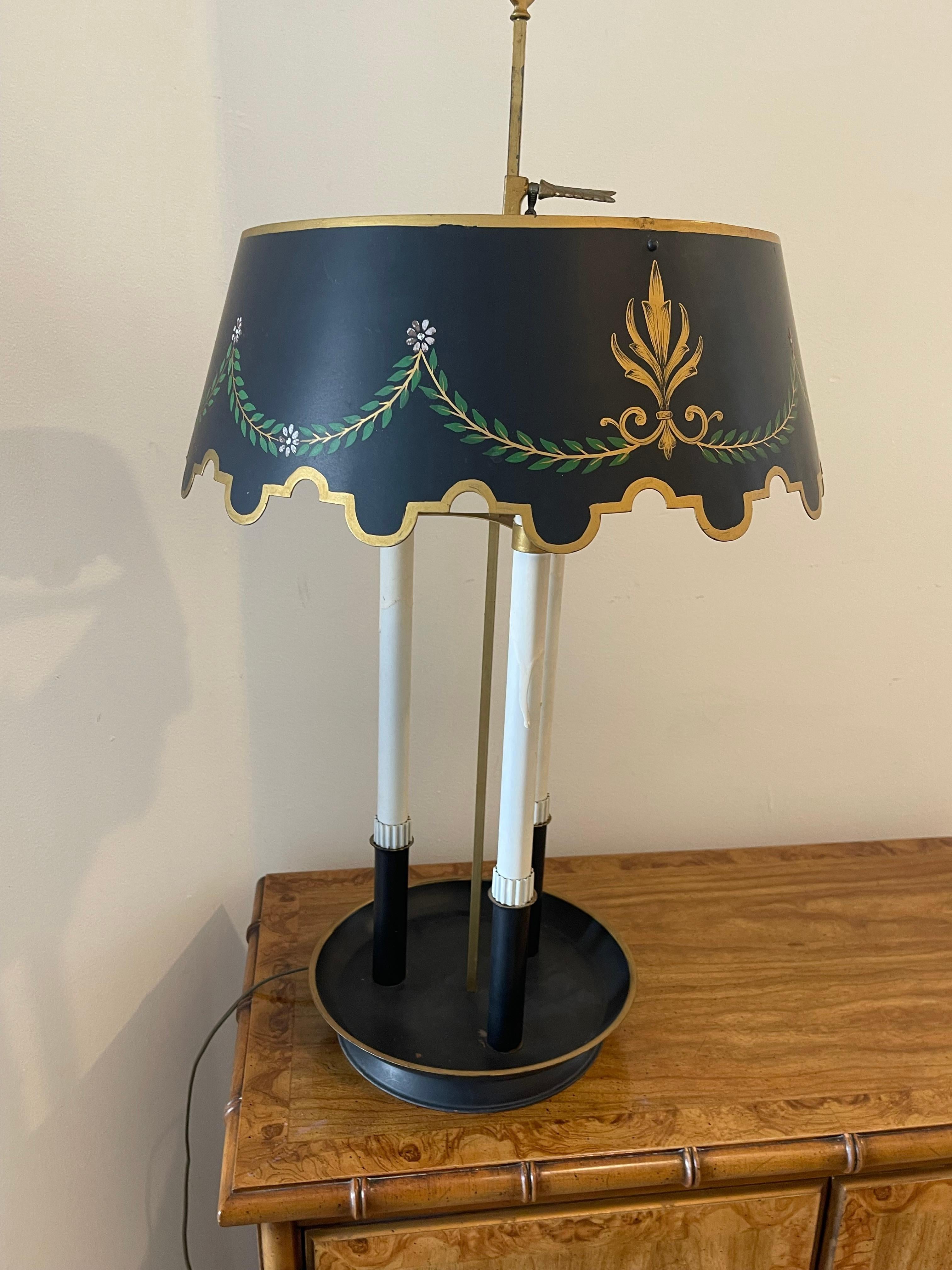 American French Vintage Bouillotte   Tole Lamp Festooned Shade For Sale