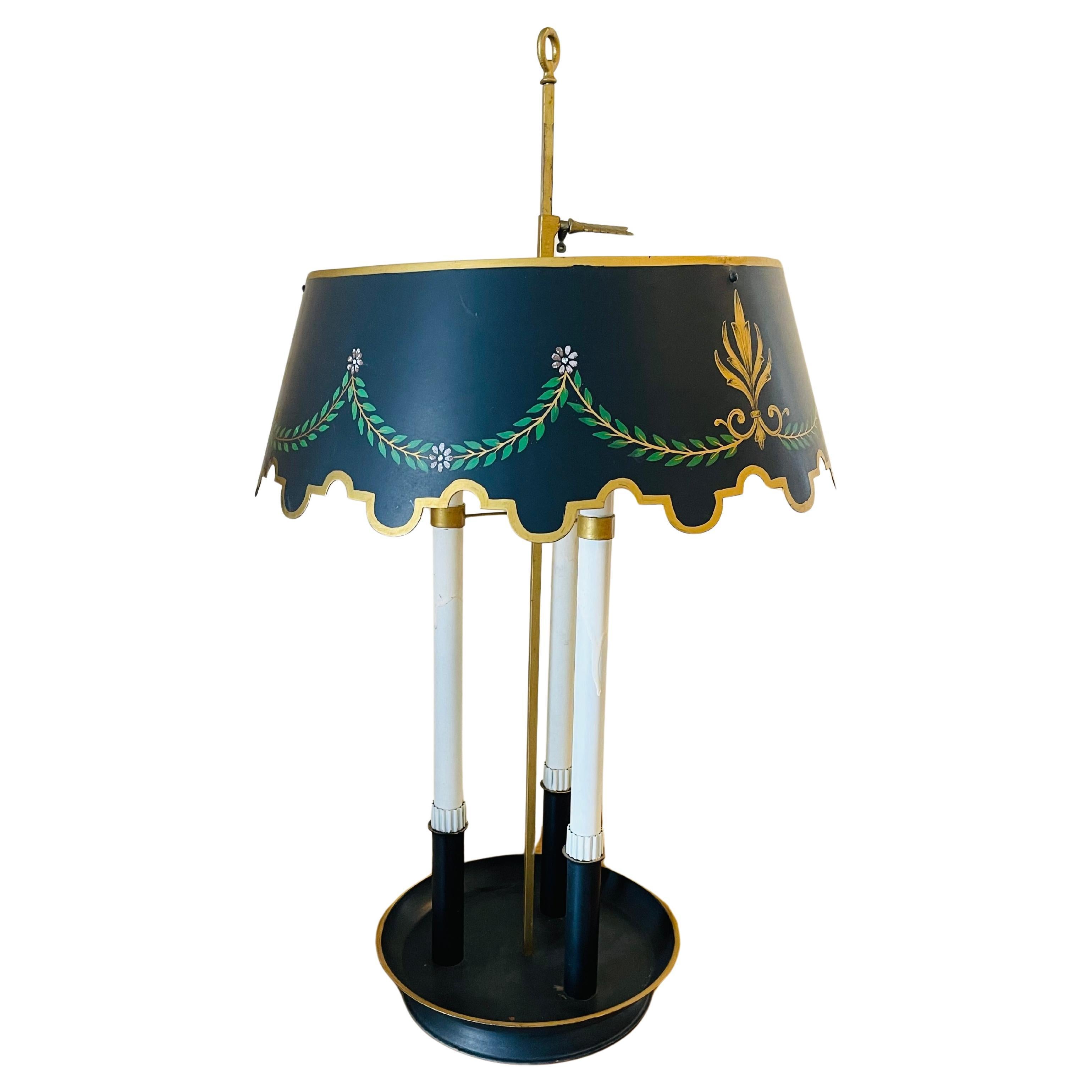 French Vintage Bouillotte   Tole Lamp Festooned Shade