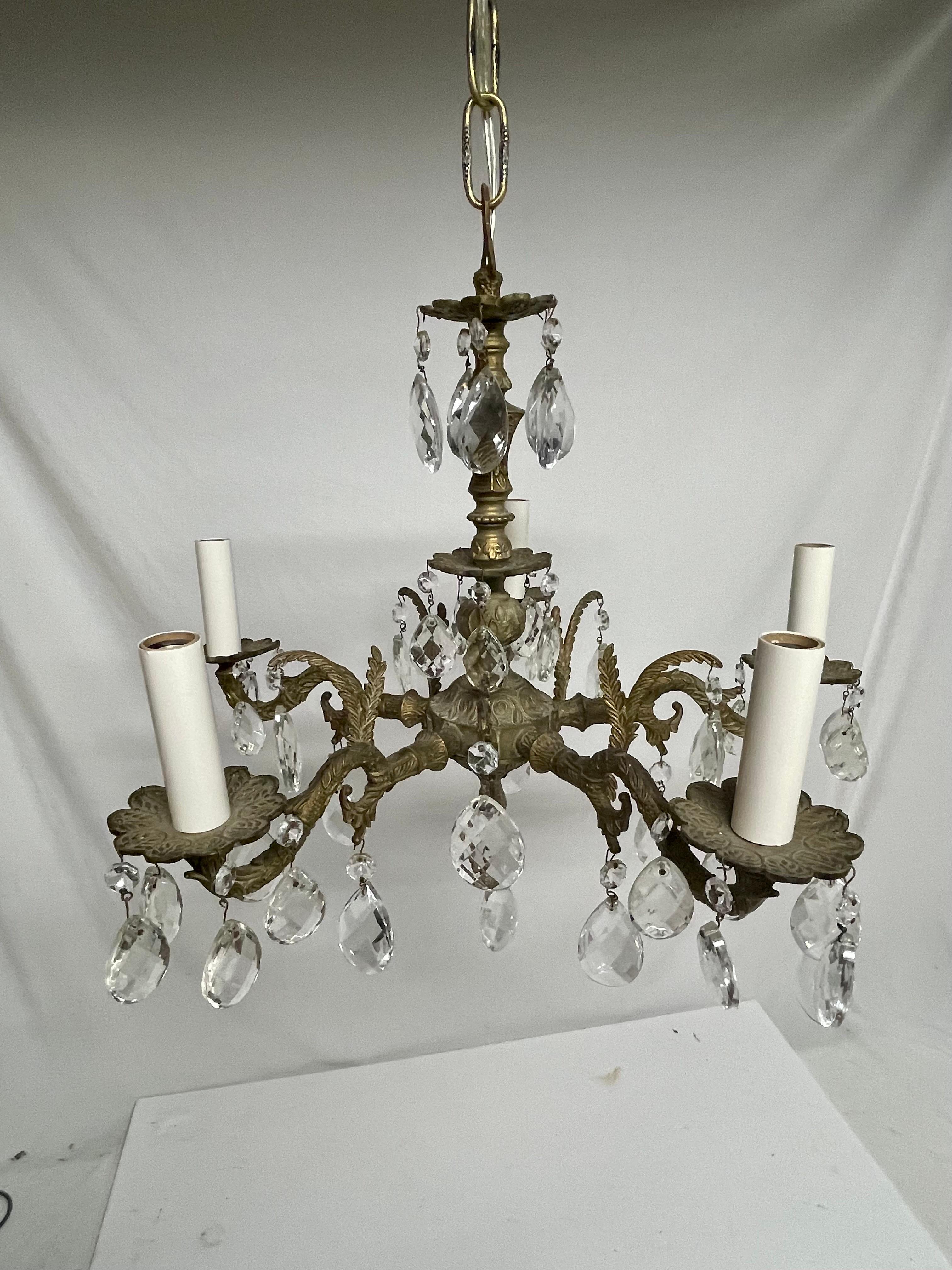 Rococo Revival French Style Brass and Crystal Chandelier For Sale