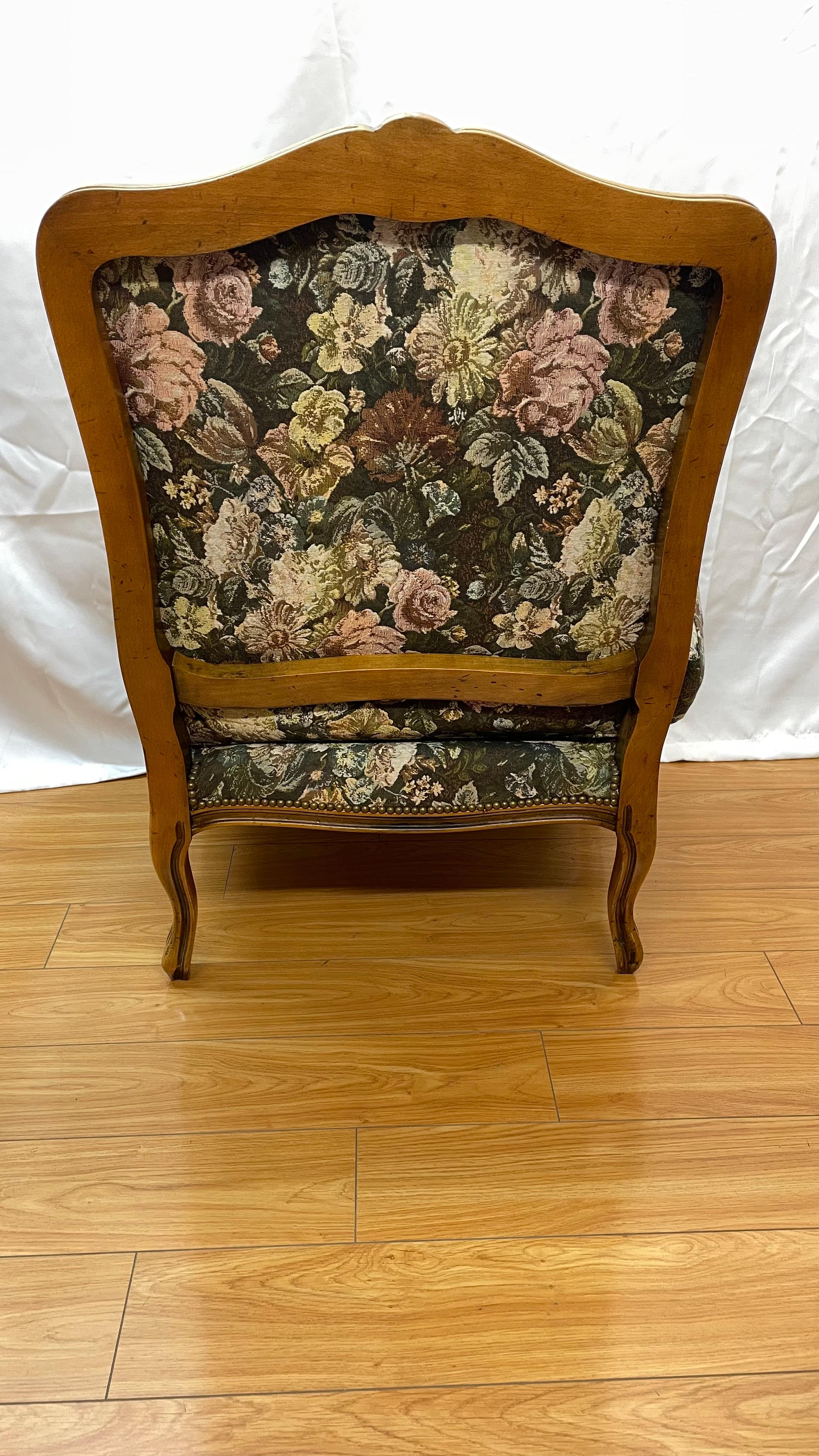 French style brass and walnut armchairs with floral fabric For Sale 8