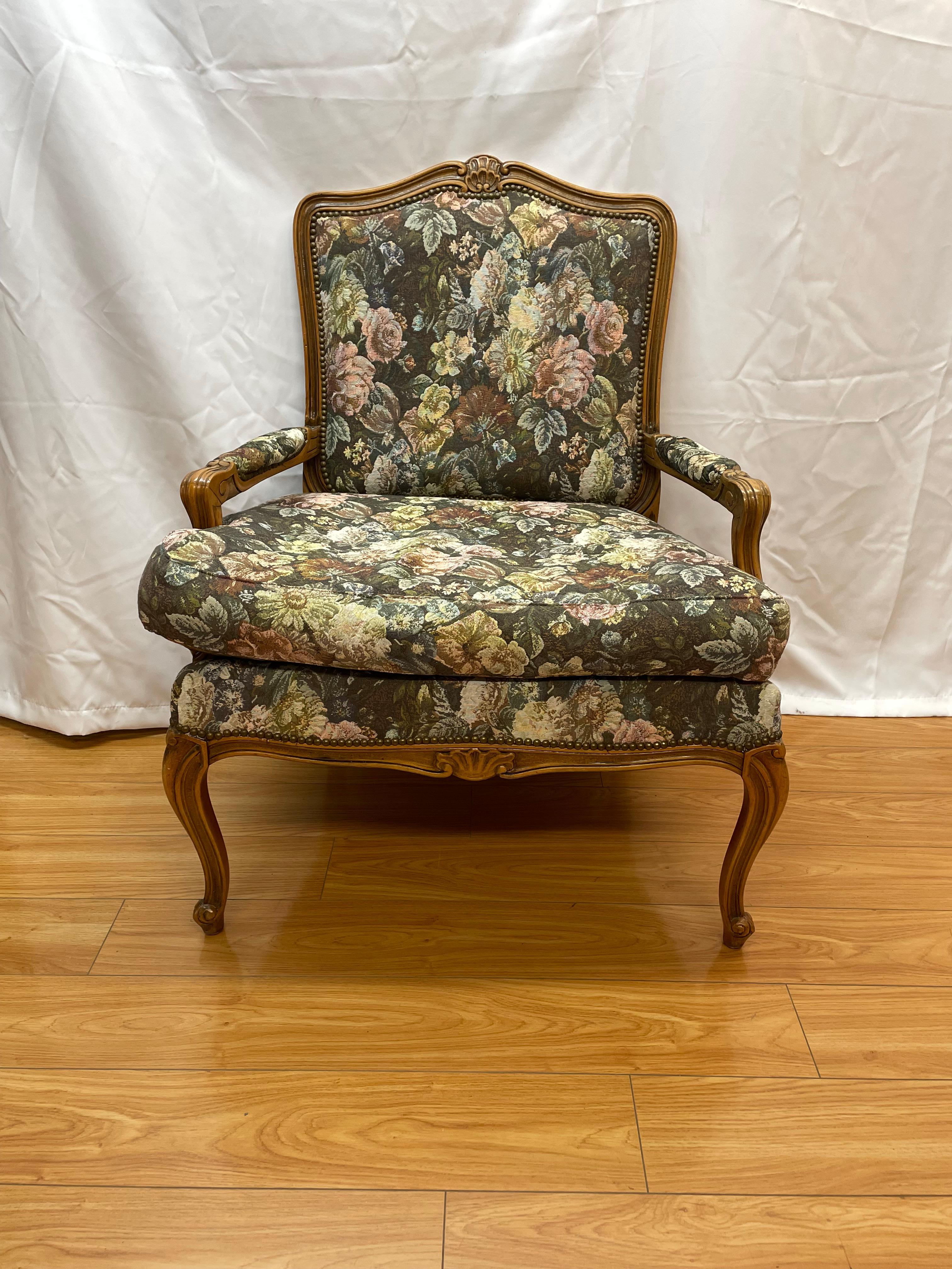 French style brass and walnut armchairs with floral fabric

31L x 24d x 37.5h