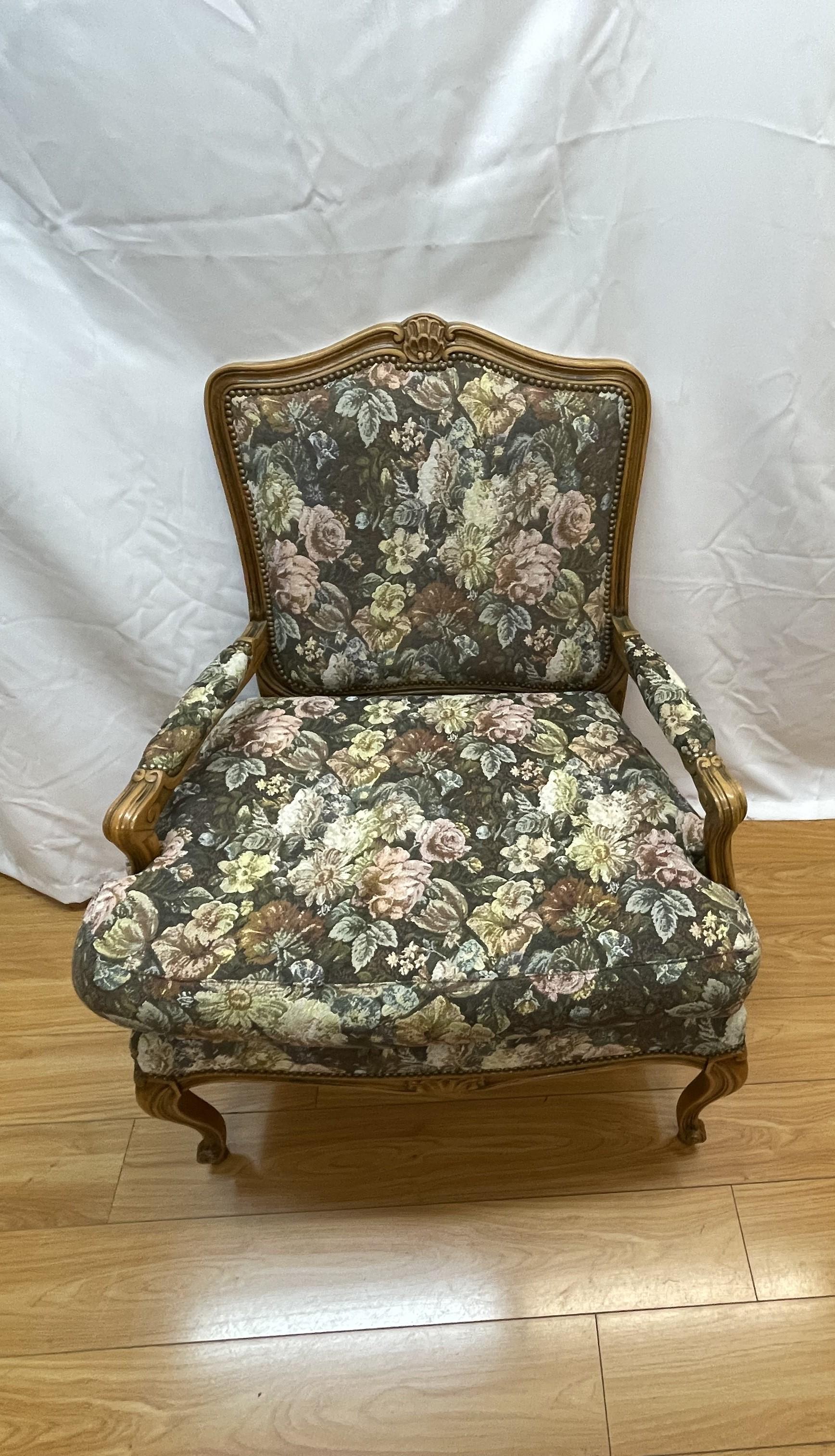 Fabric French style brass and walnut armchairs with floral fabric For Sale