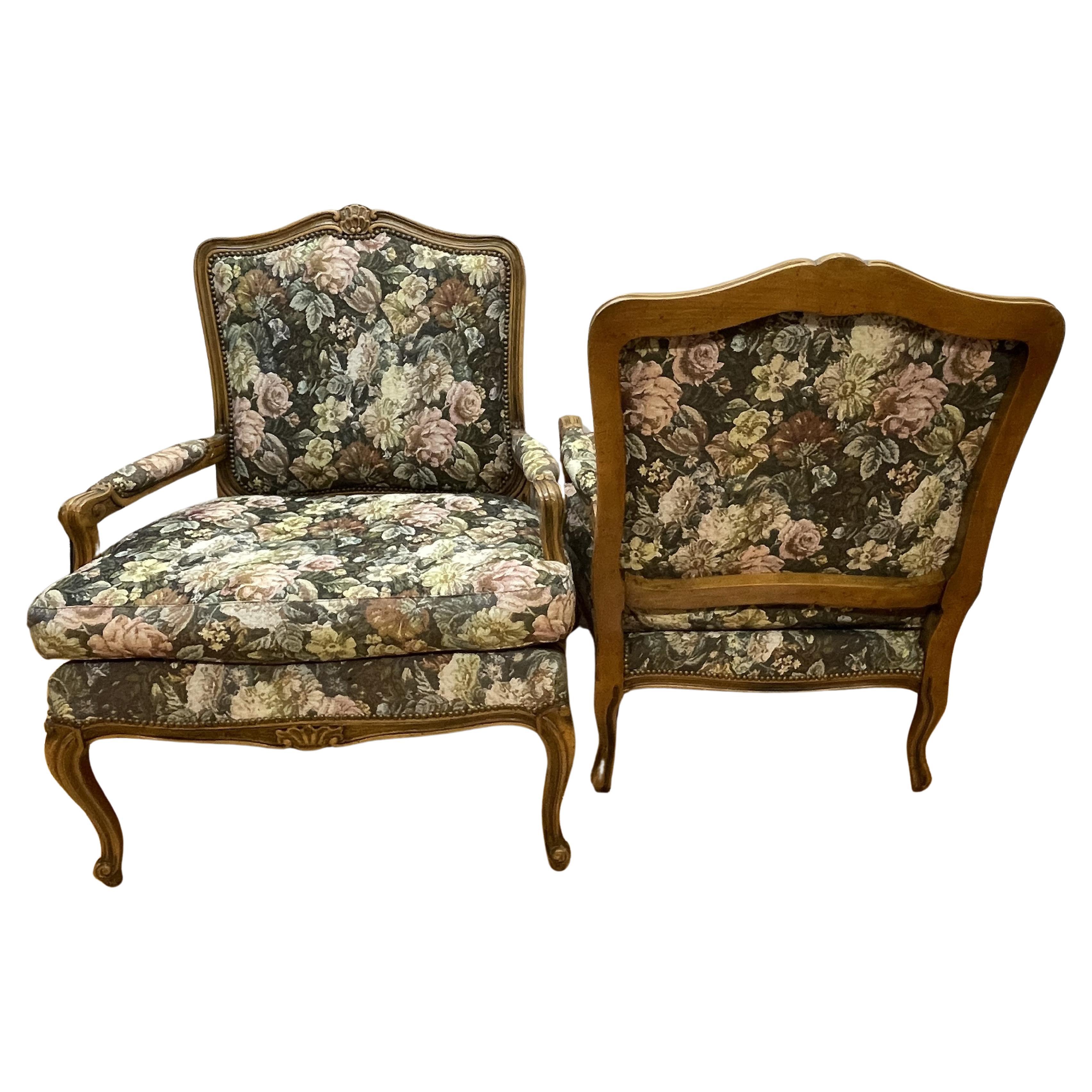 French style brass and walnut armchairs with floral fabric For Sale