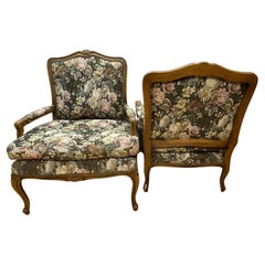 Vintage French style brass and walnut armchairs with floral fabric