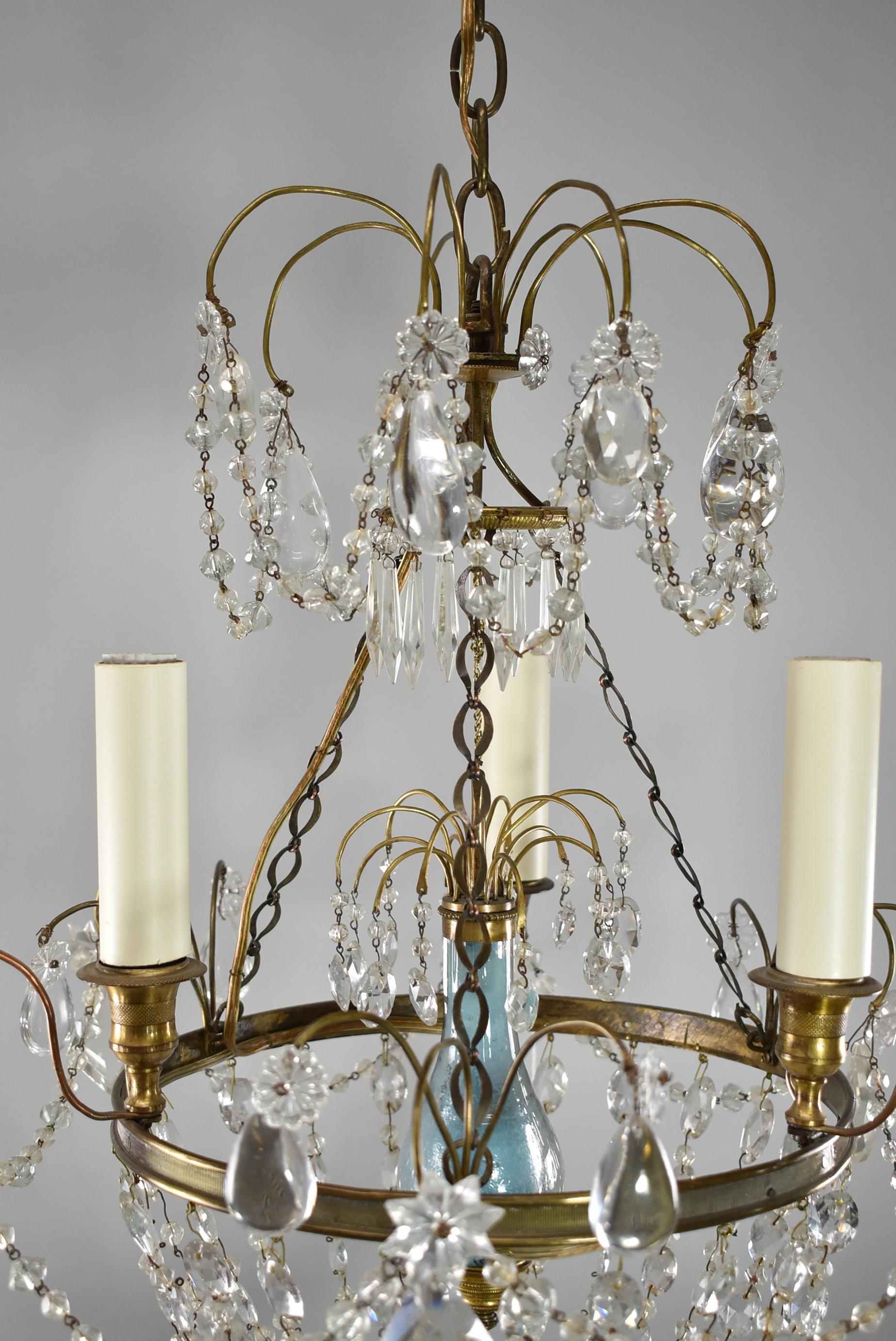 French Provincial French Style Brass and Crystal Chandelier Reverse Painted Glass Center Pediment For Sale