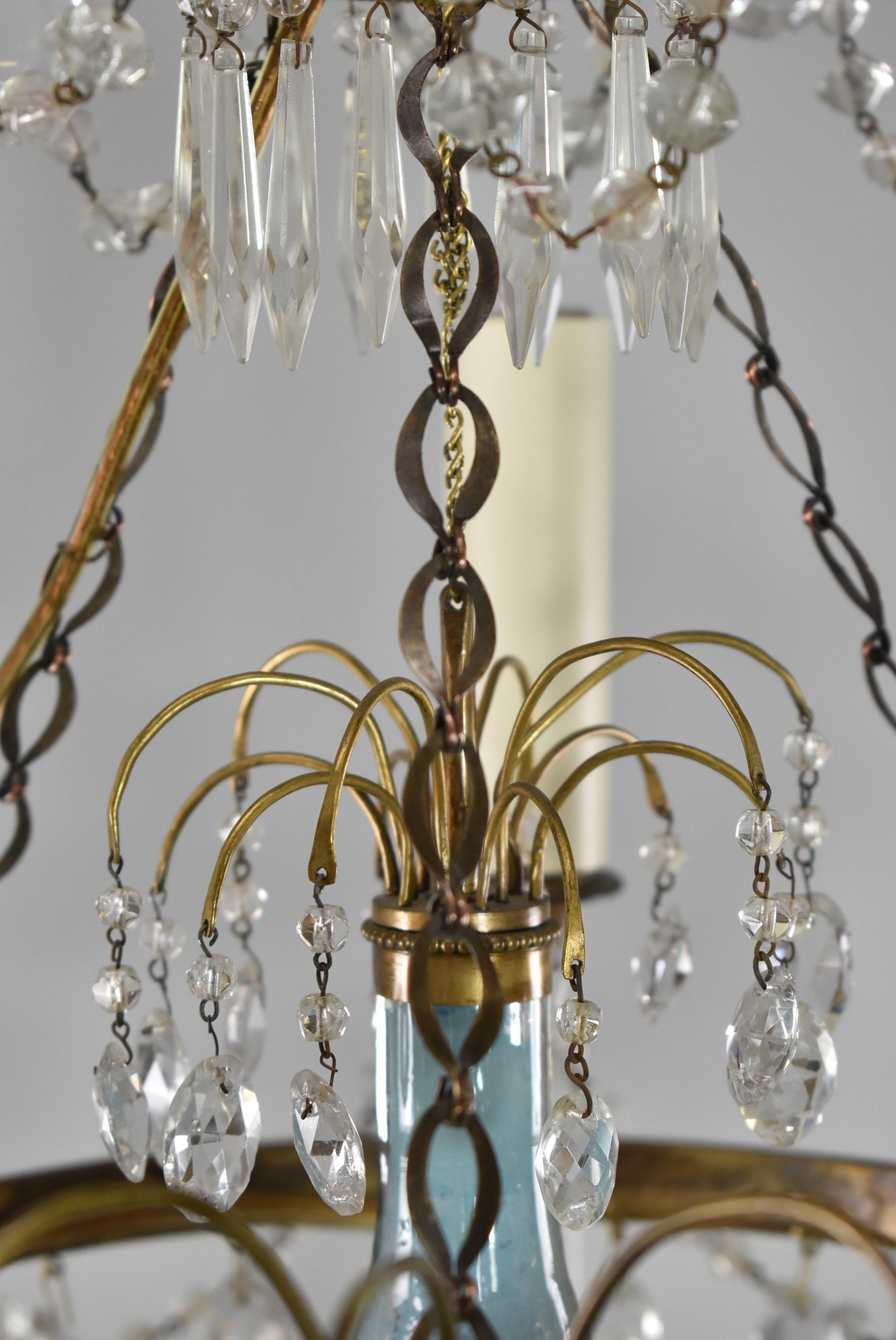 Unknown French Style Brass and Crystal Chandelier Reverse Painted Glass Center Pediment For Sale