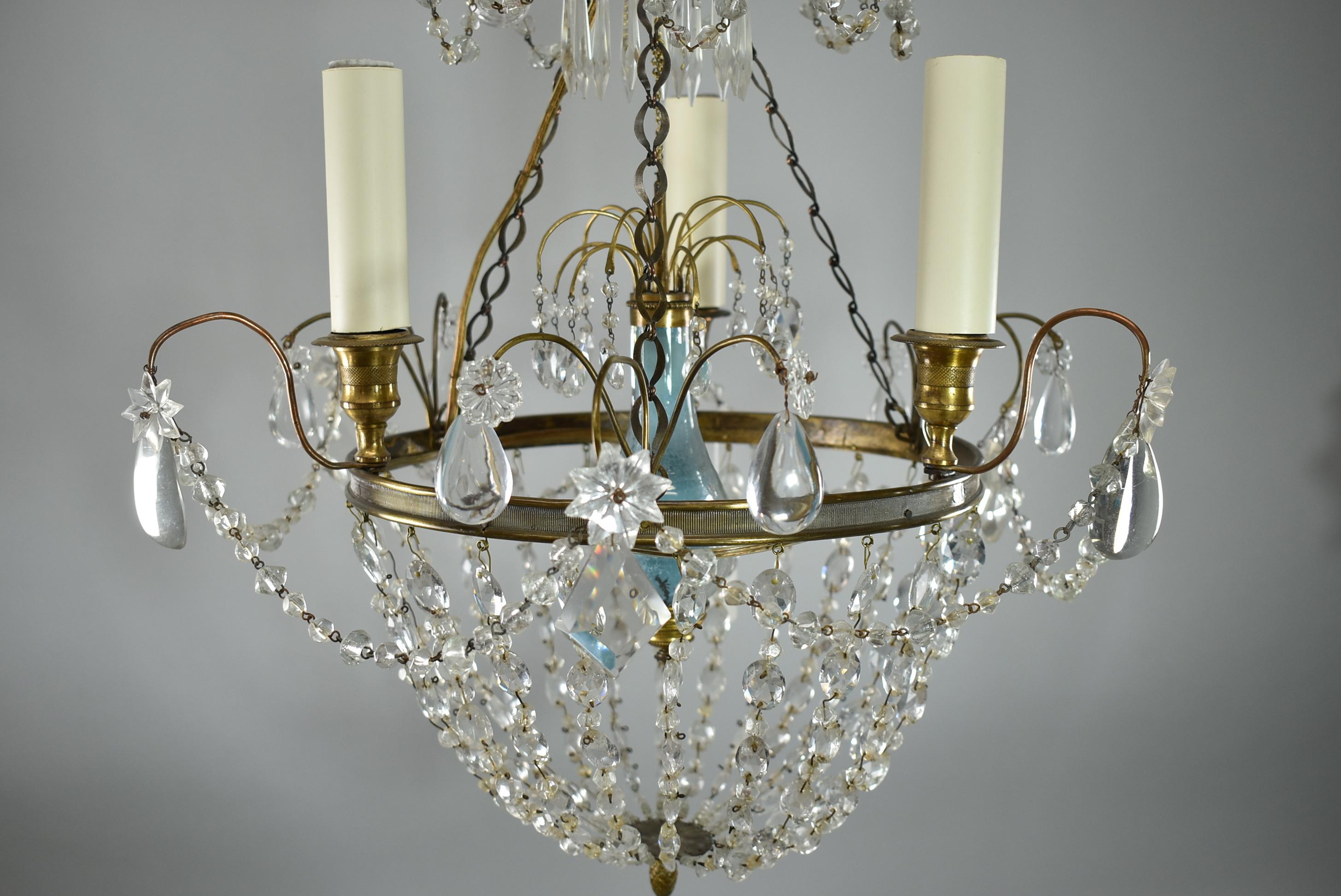 French Style Brass and Crystal Chandelier Reverse Painted Glass Center Pediment In Good Condition For Sale In Toledo, OH