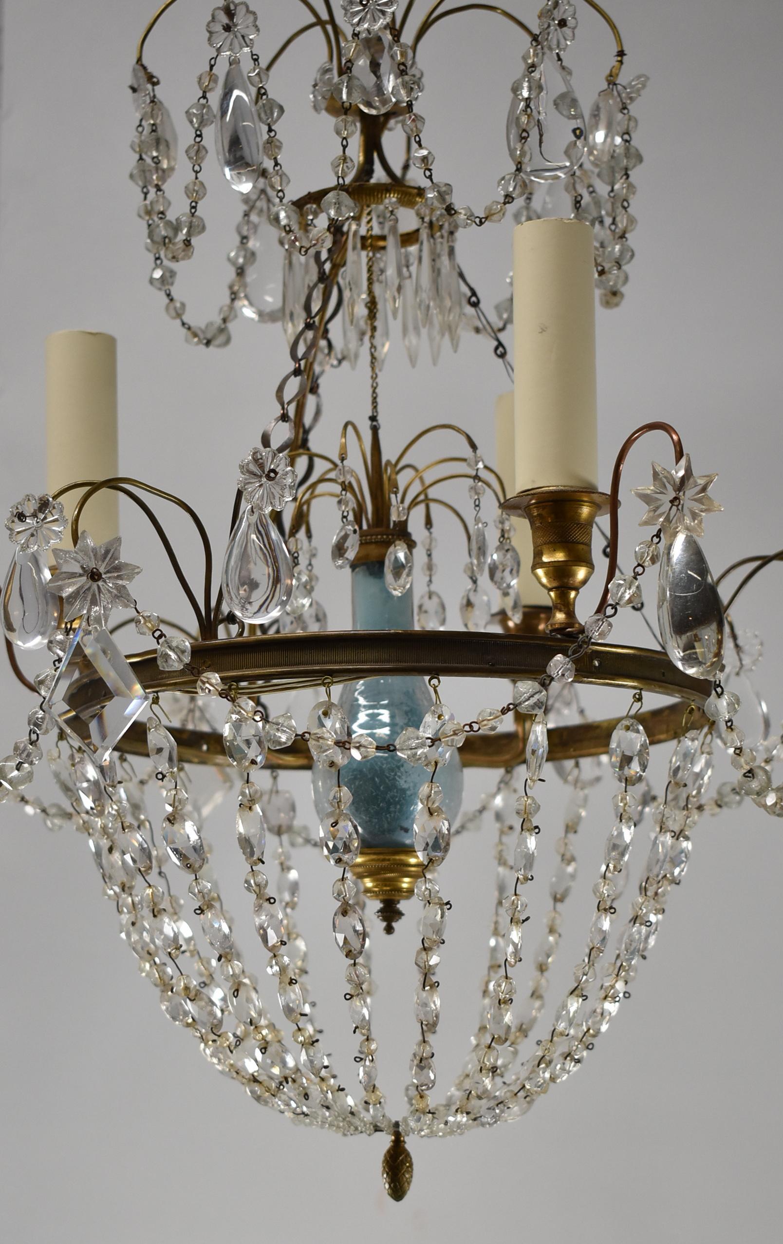 French Style Brass and Crystal Chandelier Reverse Painted Glass Center Pediment For Sale 1