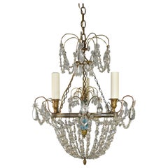 French Style Brass and Crystal Chandelier Reverse Painted Glass Center Pediment