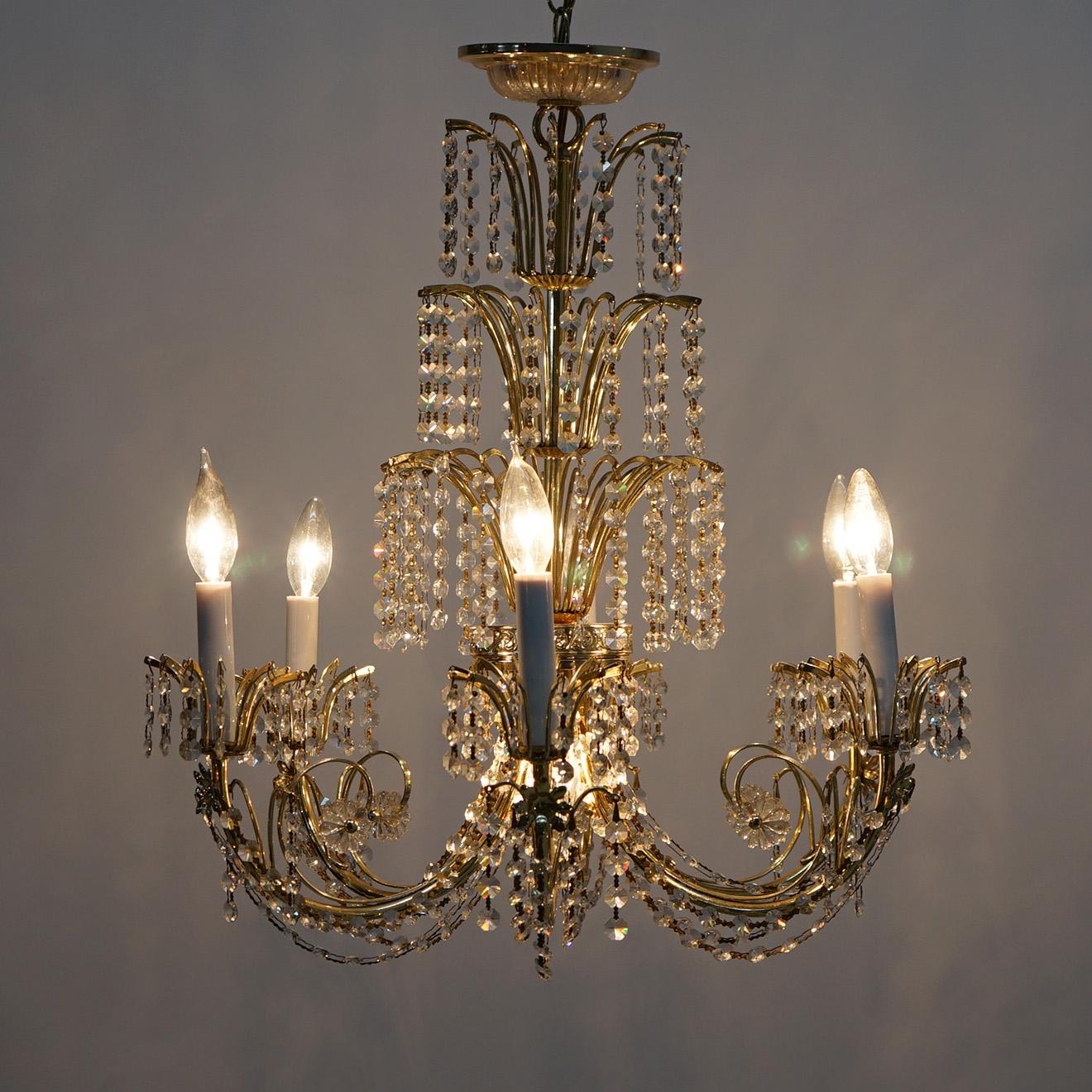 American French Style Brass & Crystal Tiered Prism Chandelier 20th C For Sale