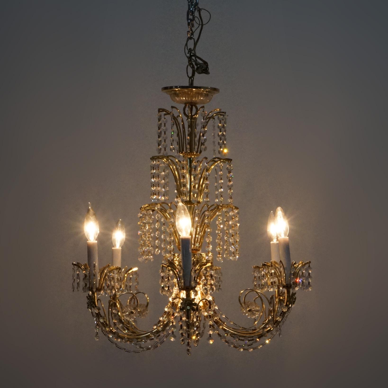 French Style Brass & Crystal Tiered Prism Chandelier 20th C In Good Condition For Sale In Big Flats, NY
