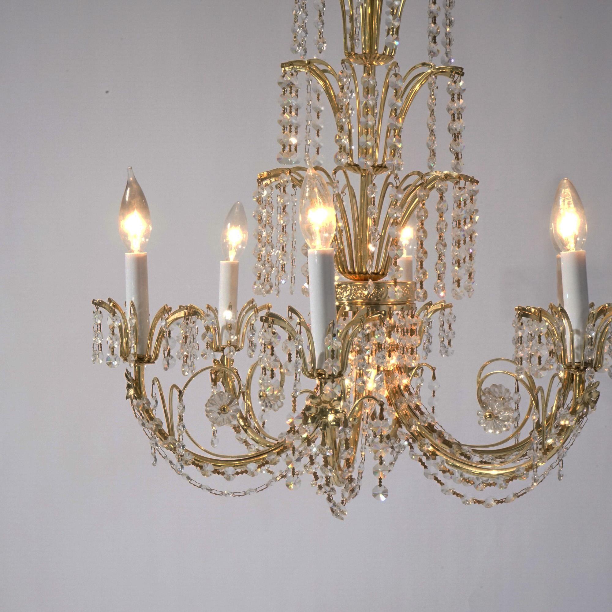 French Style Brass & Crystal Tiered Prism Chandelier 20th C For Sale 1