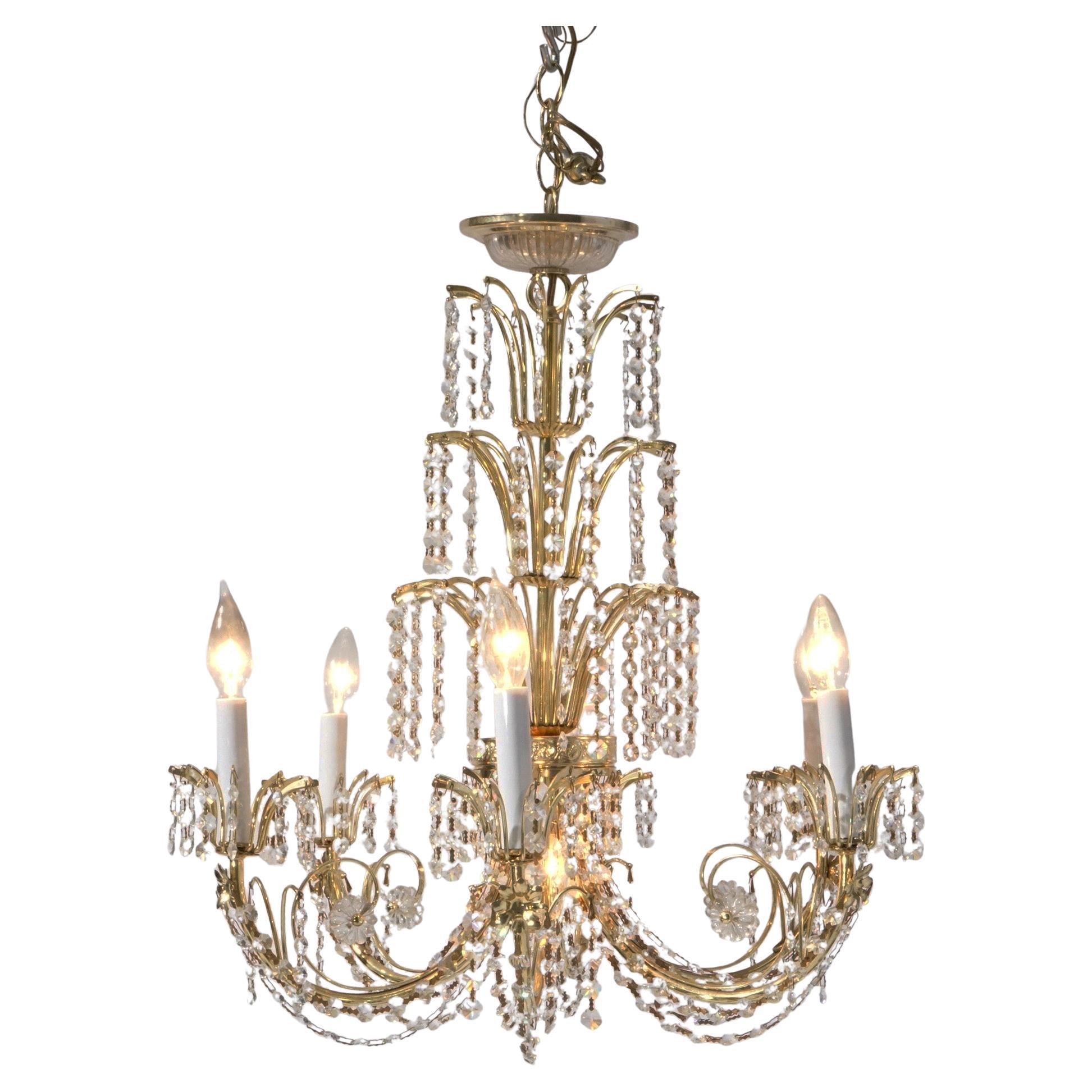 French Style Brass & Crystal Tiered Prism Chandelier 20th C