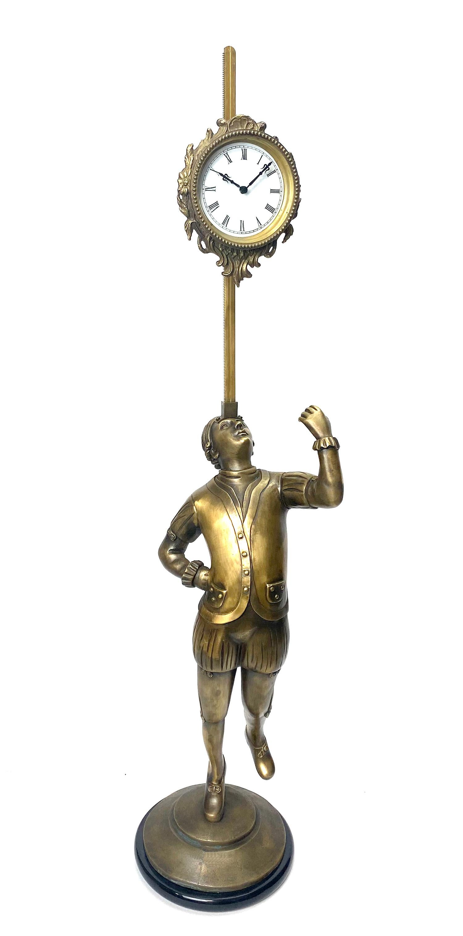 Large Bronze Acrobat Figure Sawtooth Gravity Driven Falling Clock w Marble Base

Here is another very interesting clock from our collection. It's a large bronze statue clock, an acrobat figure juggling a clock set on a sawtooth rod. The figure