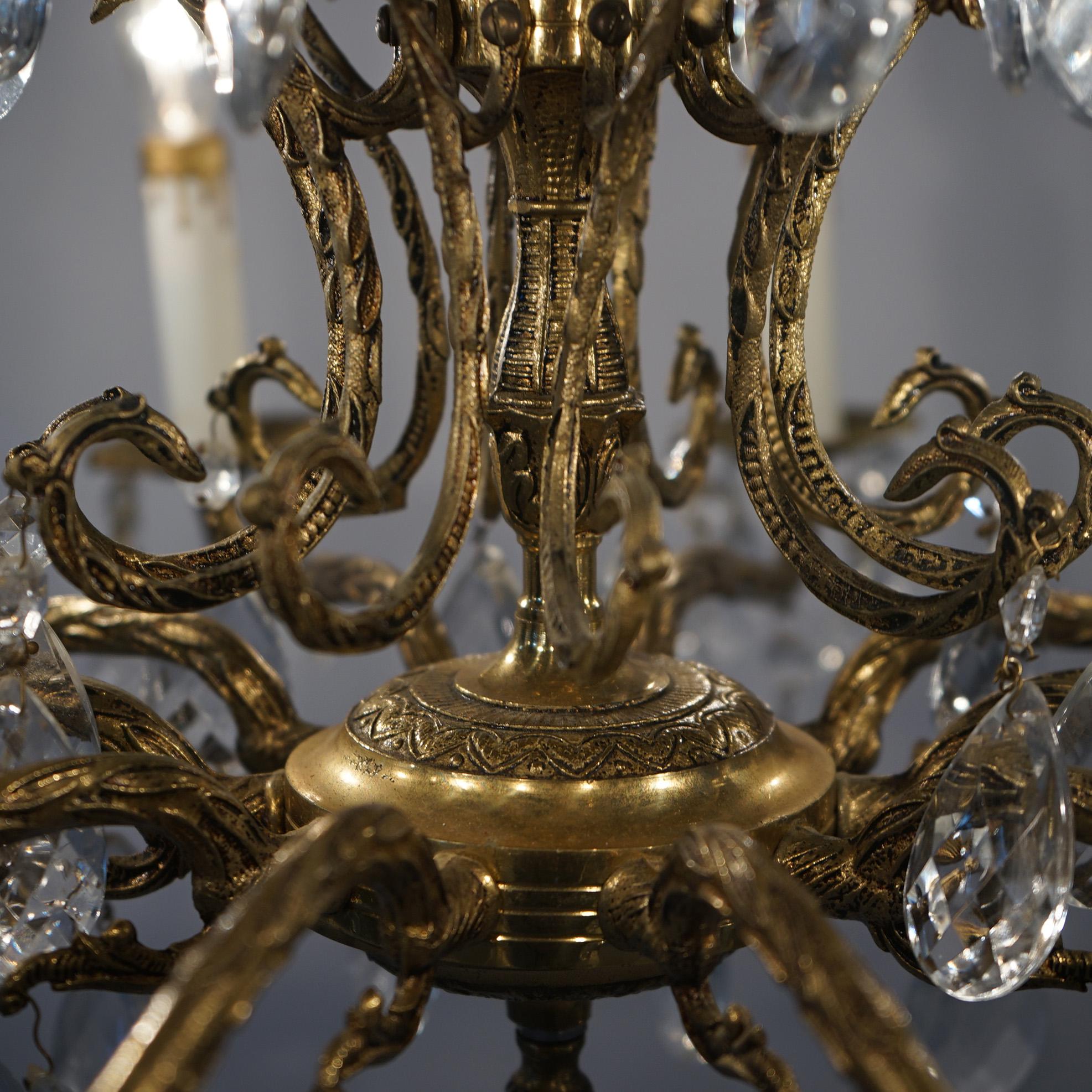 French Style Bronzed Metal & Crystal Ten Light Chandelier, circa 1940 For Sale 5