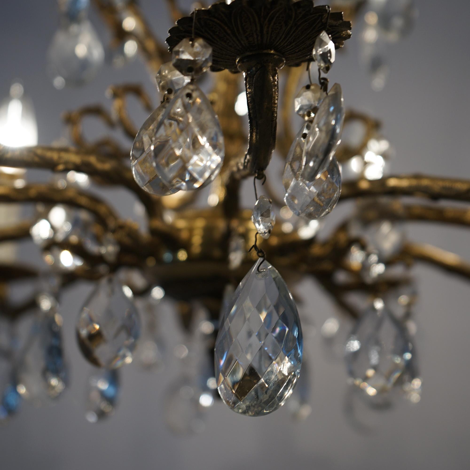 French Style Bronzed Metal & Crystal Ten Light Chandelier, circa 1940 For Sale 7