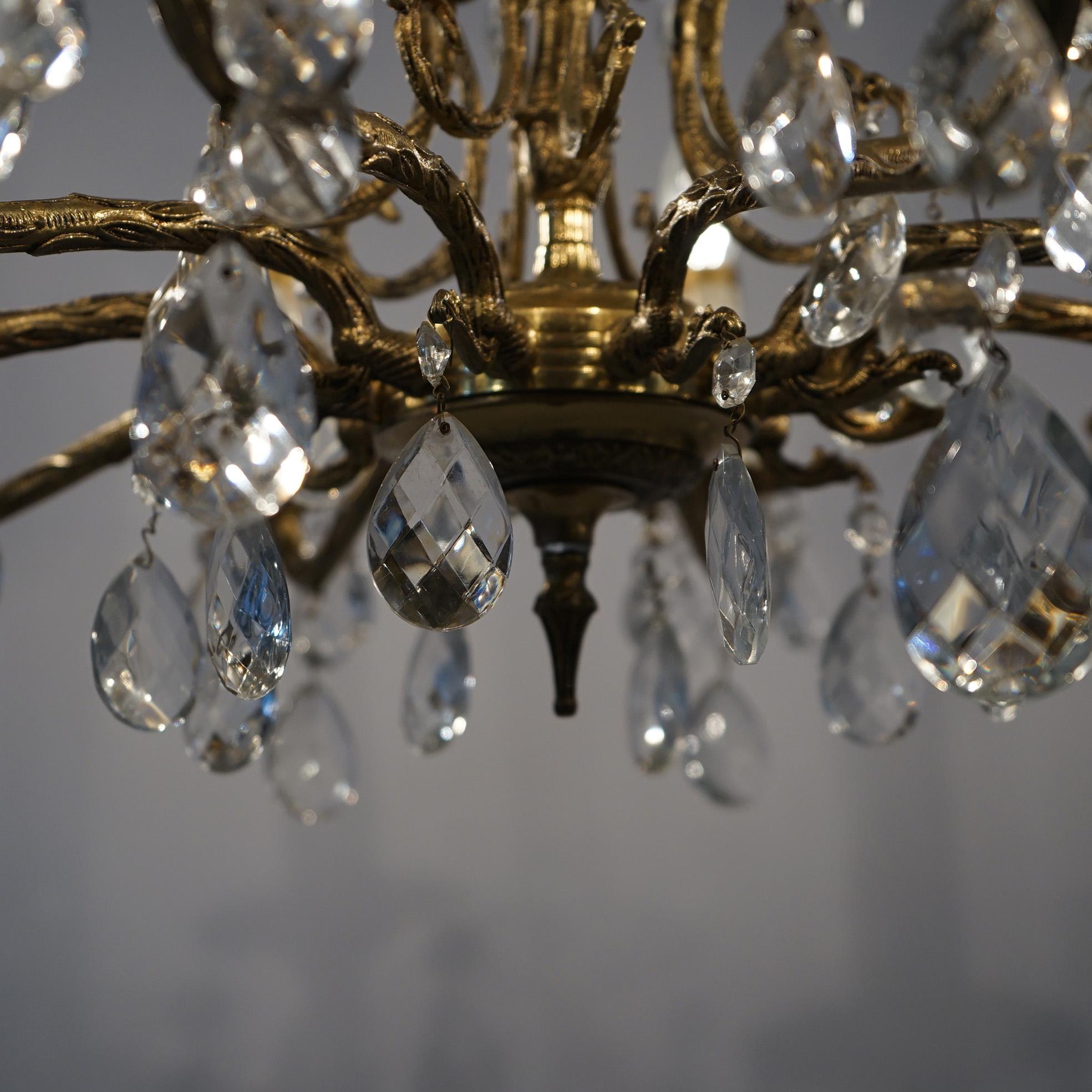 French Style Bronzed Metal & Crystal Ten Light Chandelier, circa 1940 For Sale 8