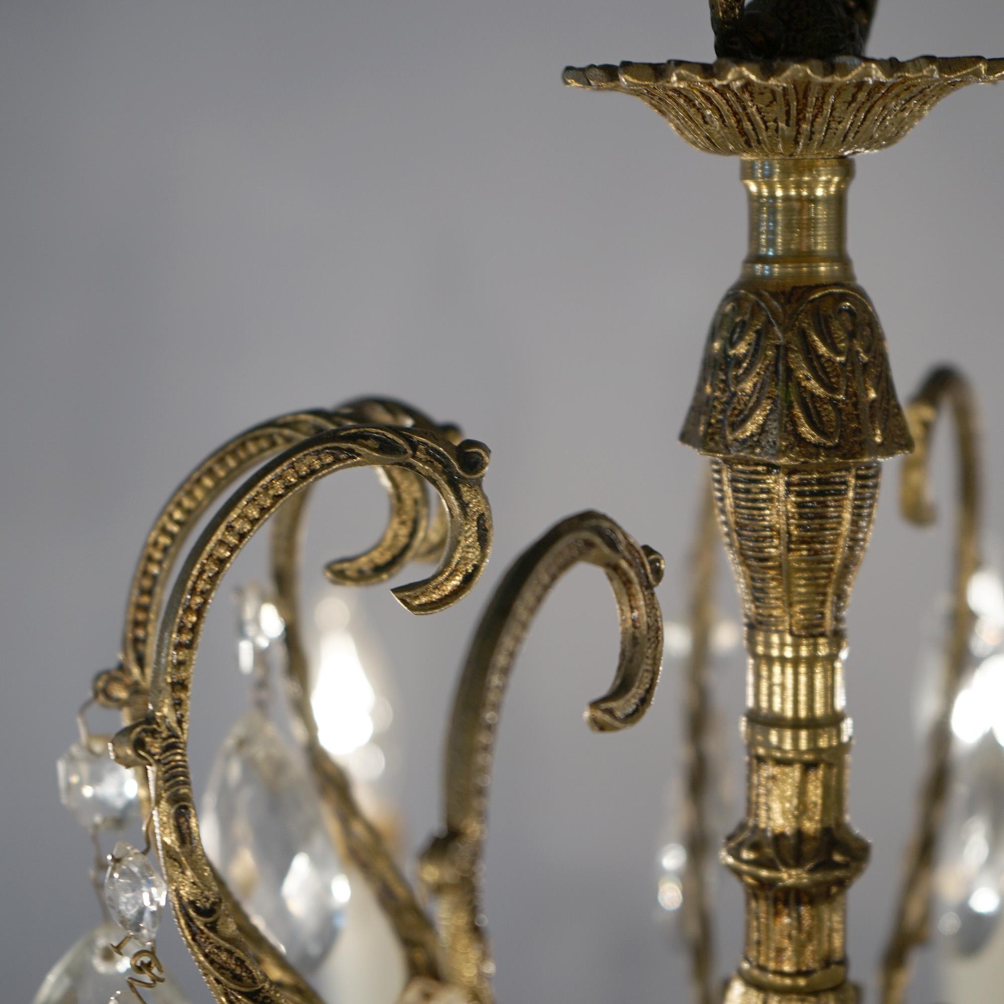 French Style Bronzed Metal & Crystal Ten Light Chandelier, circa 1940 For Sale 9