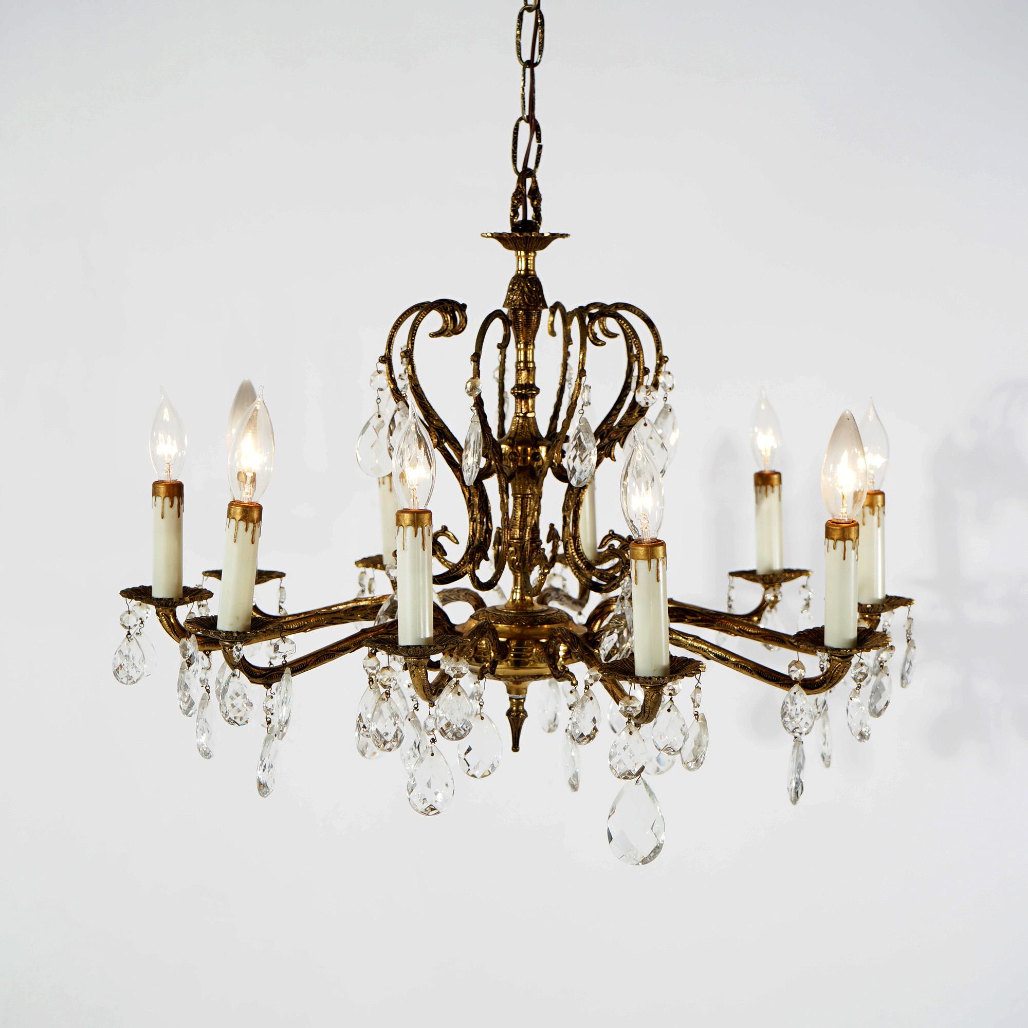 American French Style Bronzed Metal & Crystal Ten Light Chandelier, circa 1940 For Sale