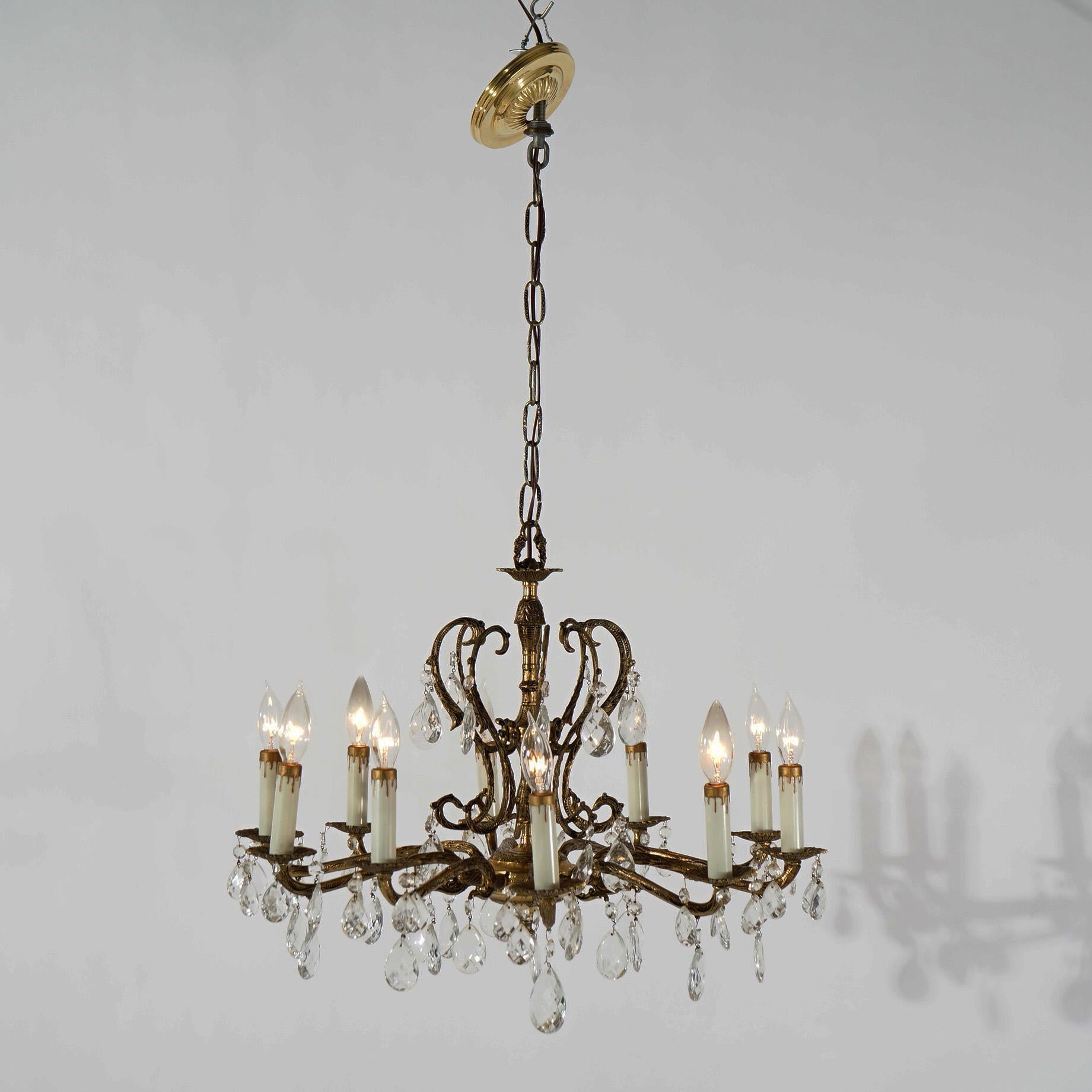 French Style Bronzed Metal & Crystal Ten Light Chandelier, circa 1940 In Good Condition For Sale In Big Flats, NY