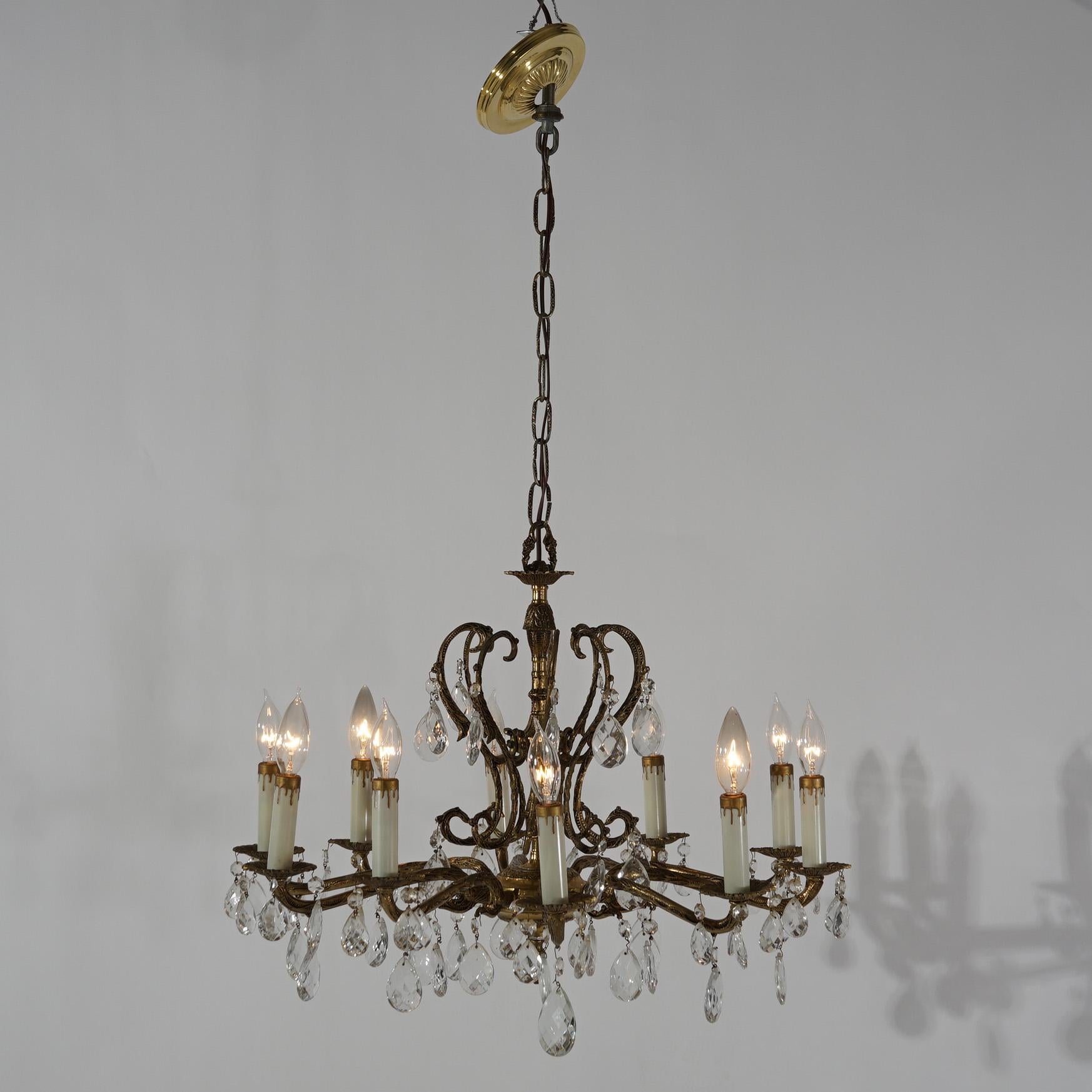 20th Century French Style Bronzed Metal & Crystal Ten Light Chandelier, circa 1940 For Sale