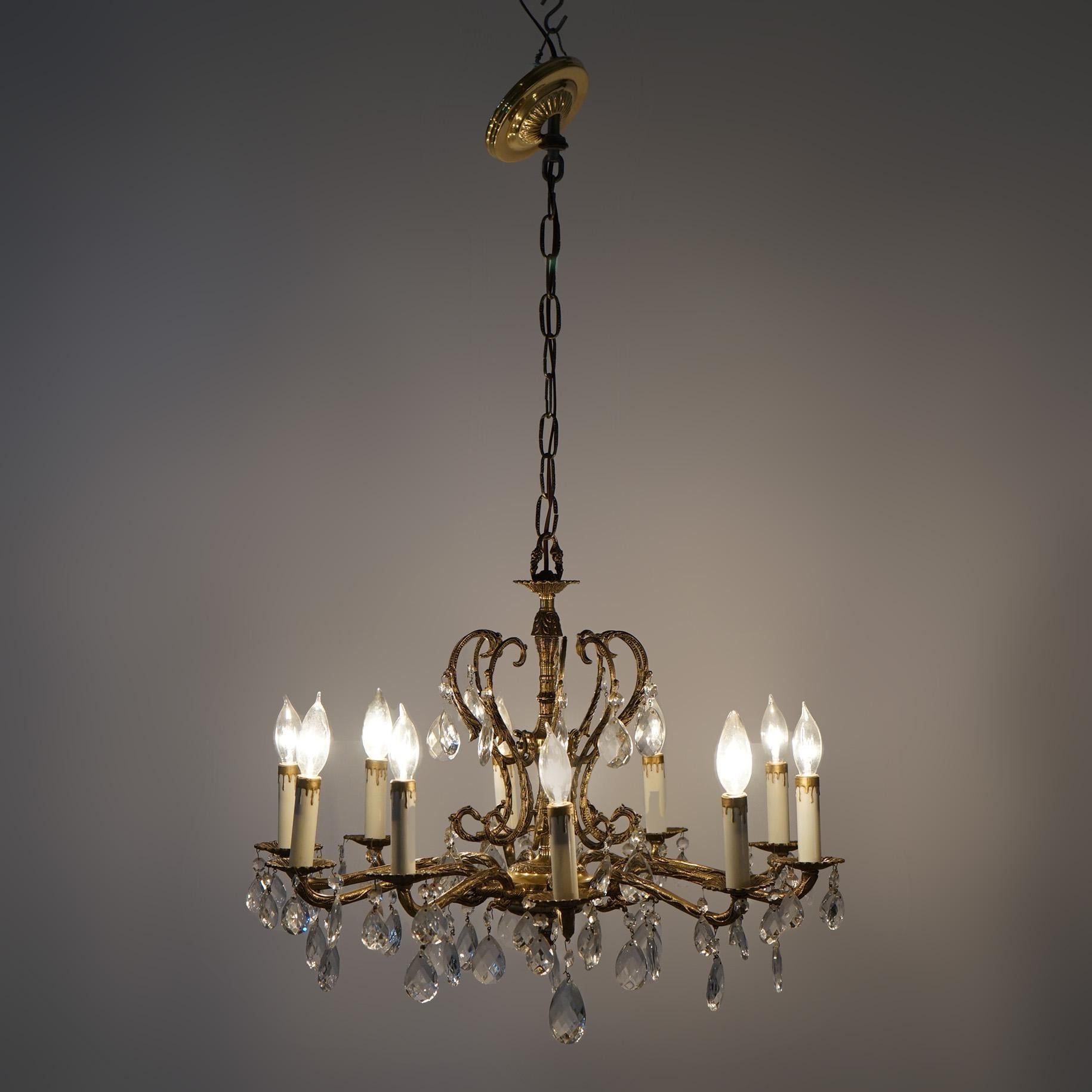 French Style Bronzed Metal & Crystal Ten Light Chandelier, circa 1940 For Sale 1