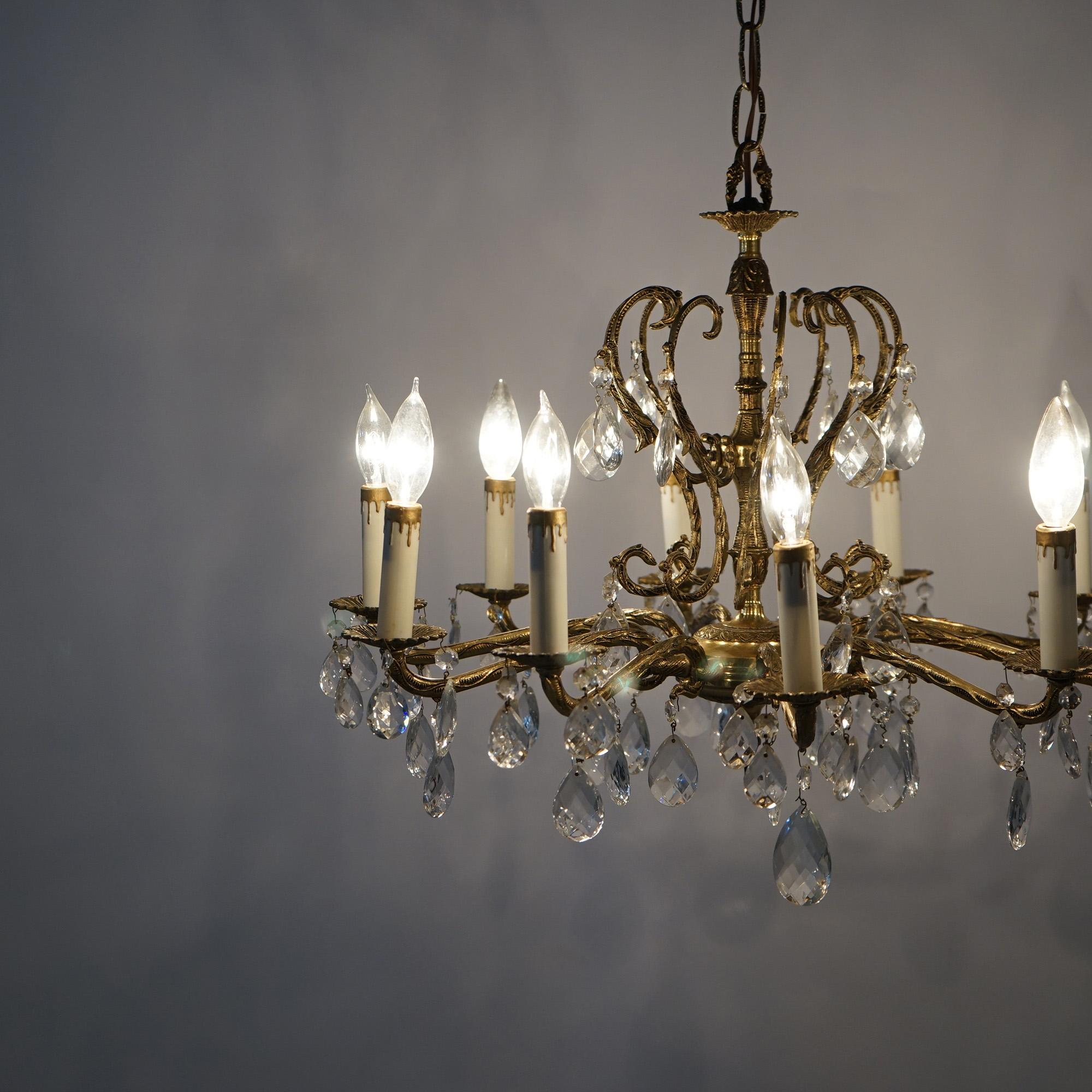 French Style Bronzed Metal & Crystal Ten Light Chandelier, circa 1940 For Sale 2