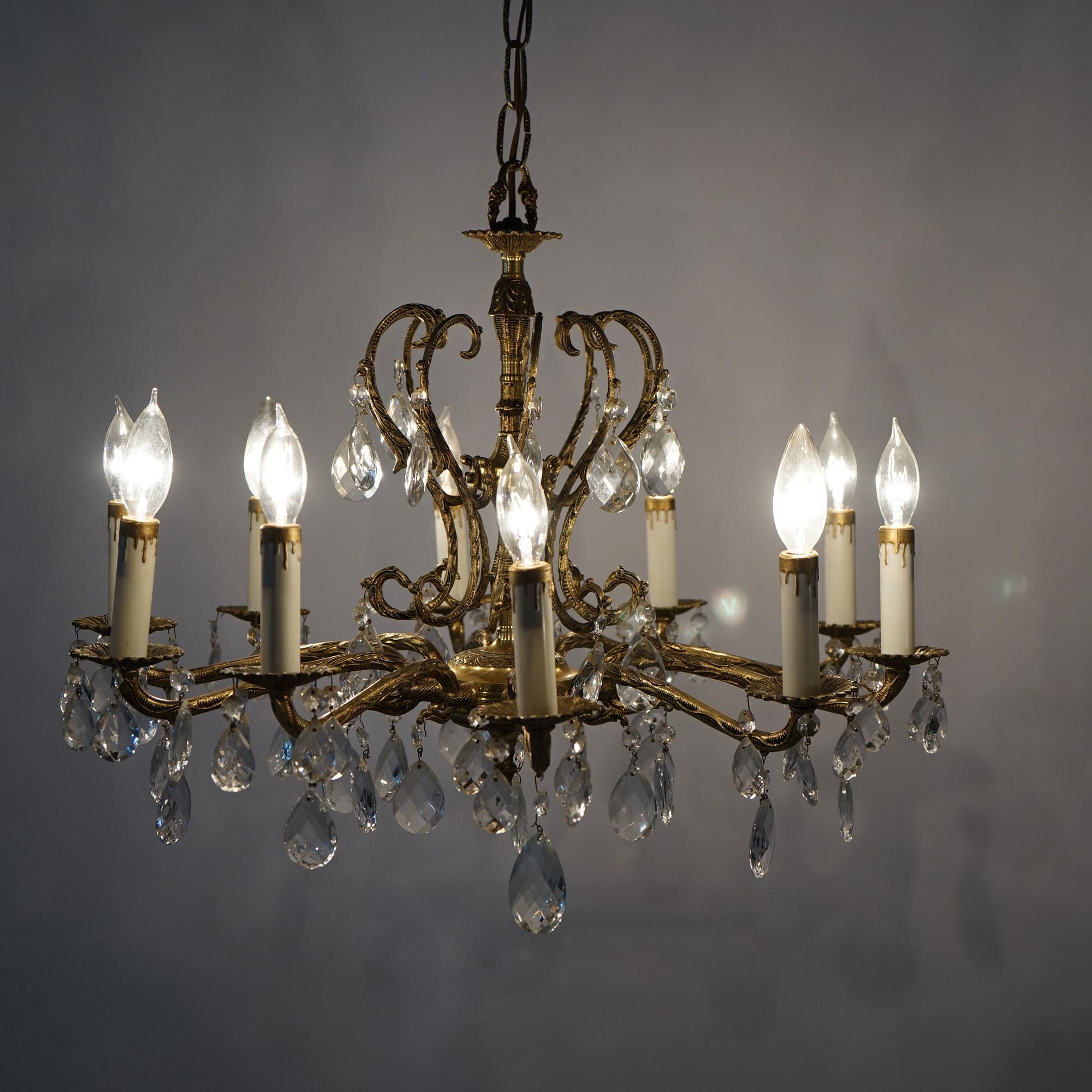 French Style Bronzed Metal & Crystal Ten Light Chandelier, circa 1940 For Sale 3