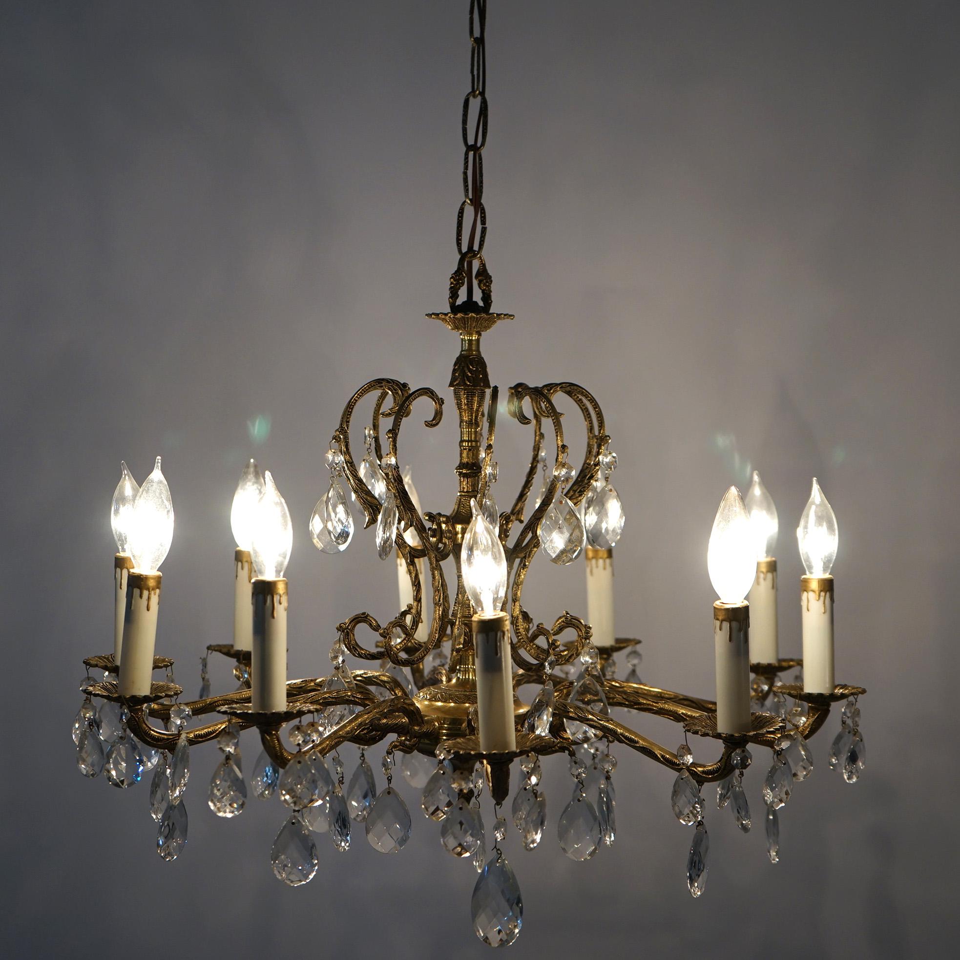 French Style Bronzed Metal & Crystal Ten Light Chandelier, circa 1940 For Sale 4
