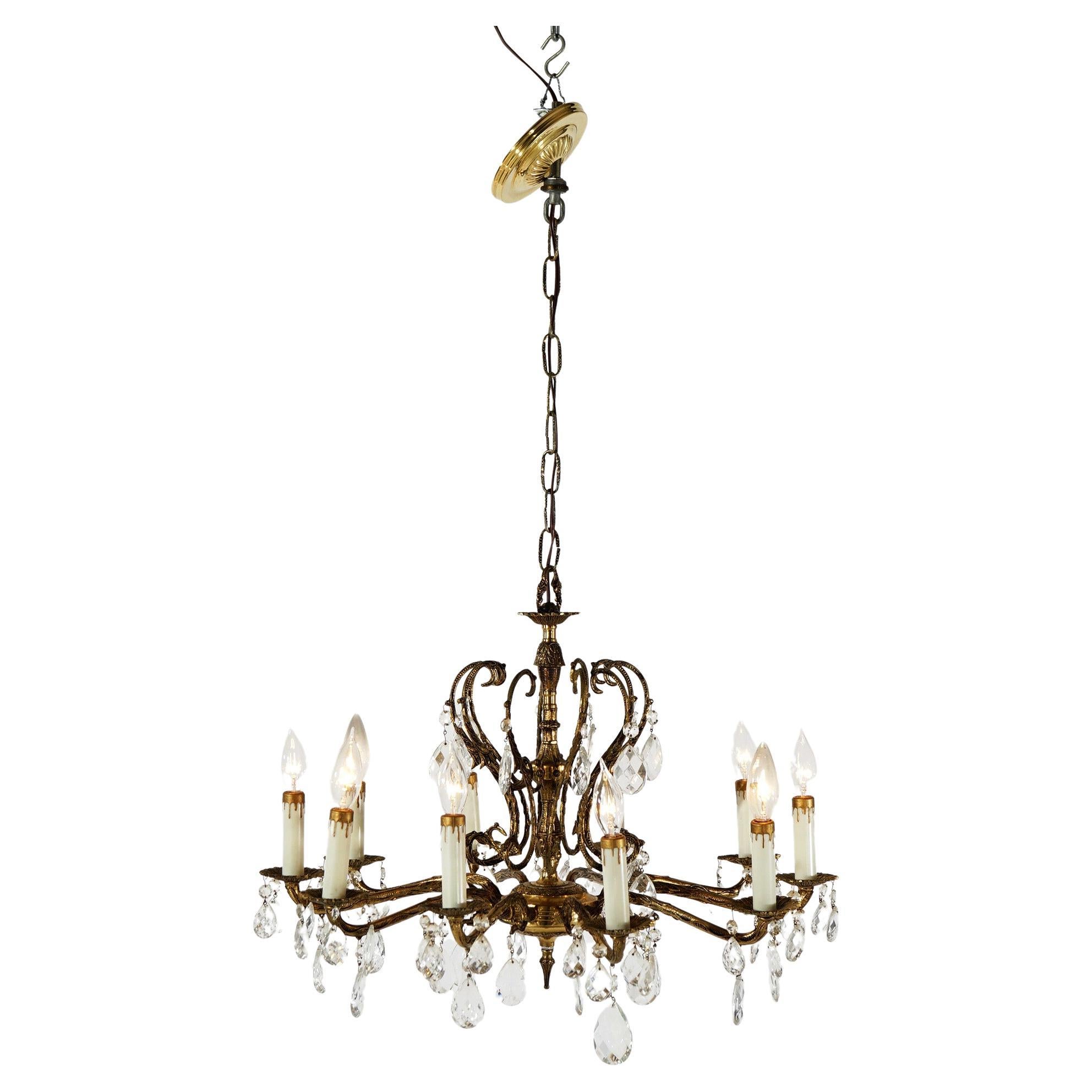 French Style Bronzed Metal & Crystal Ten Light Chandelier, circa 1940