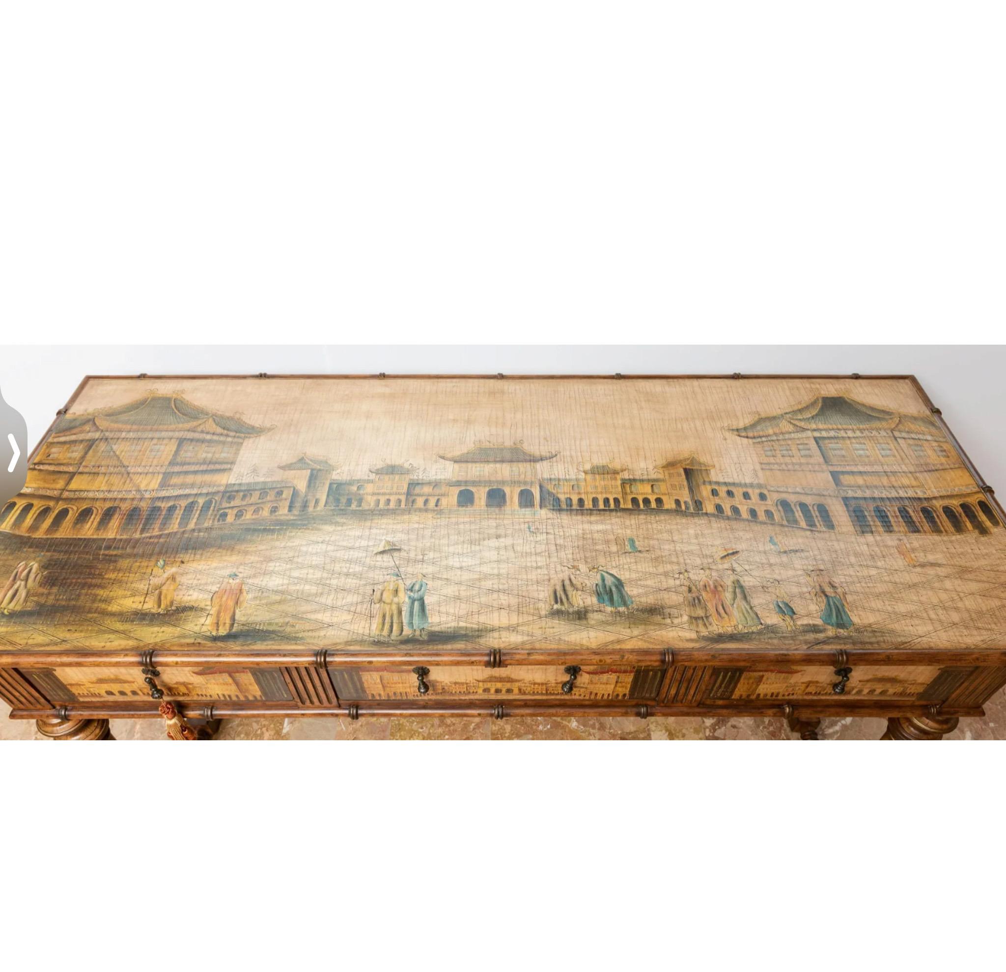 This is a French style fruitwood credenza or sideboard with a lovely chinoiserie pastoral scene painted throughout all surfaces. It has three felt lined drawer. The feet are optional, and the images include with and without them. The frame appears