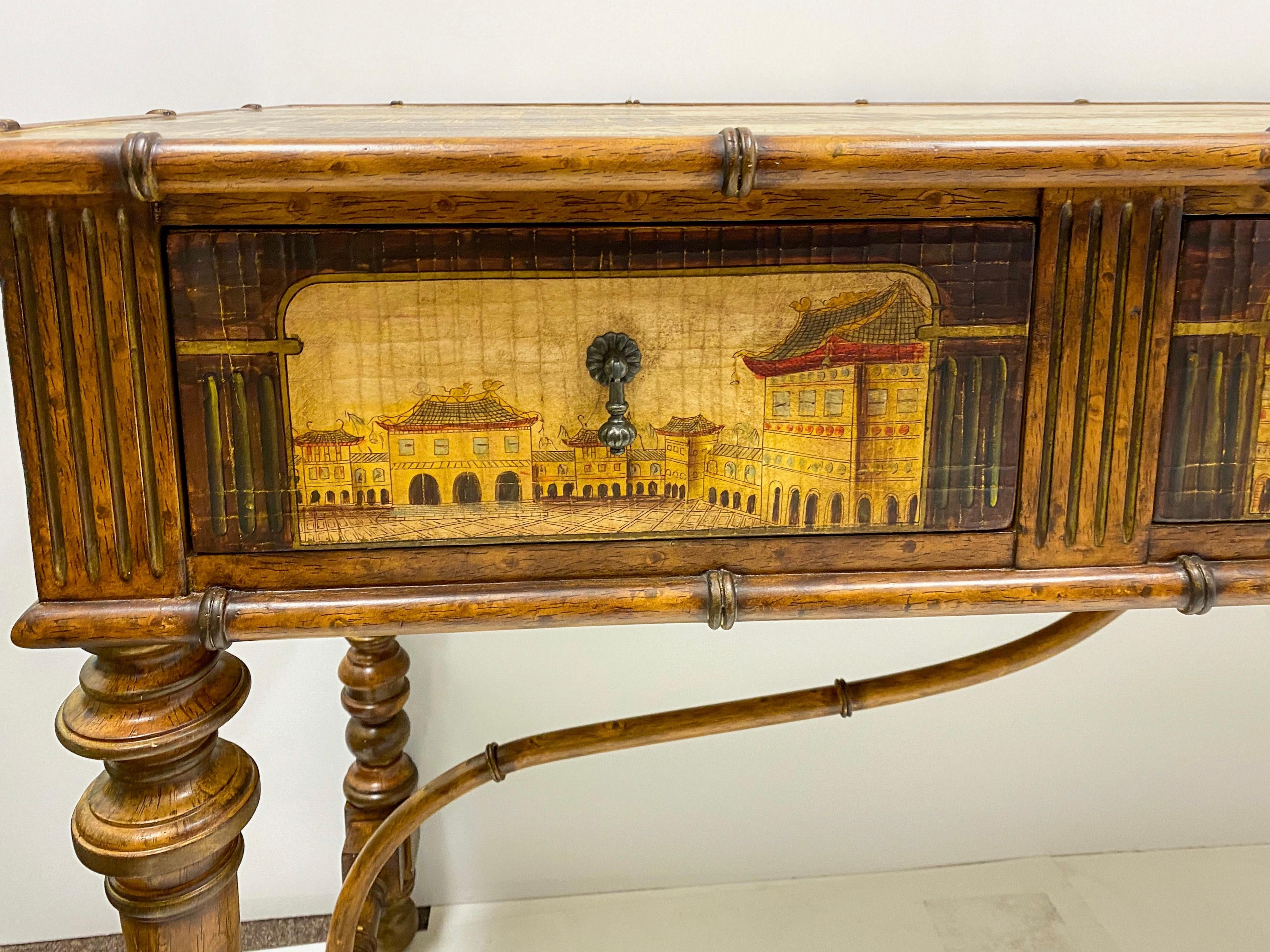 French Style Carved Fruitwood and Chinoiserie Sideboard / Credenza / Desk In Good Condition For Sale In Kennesaw, GA