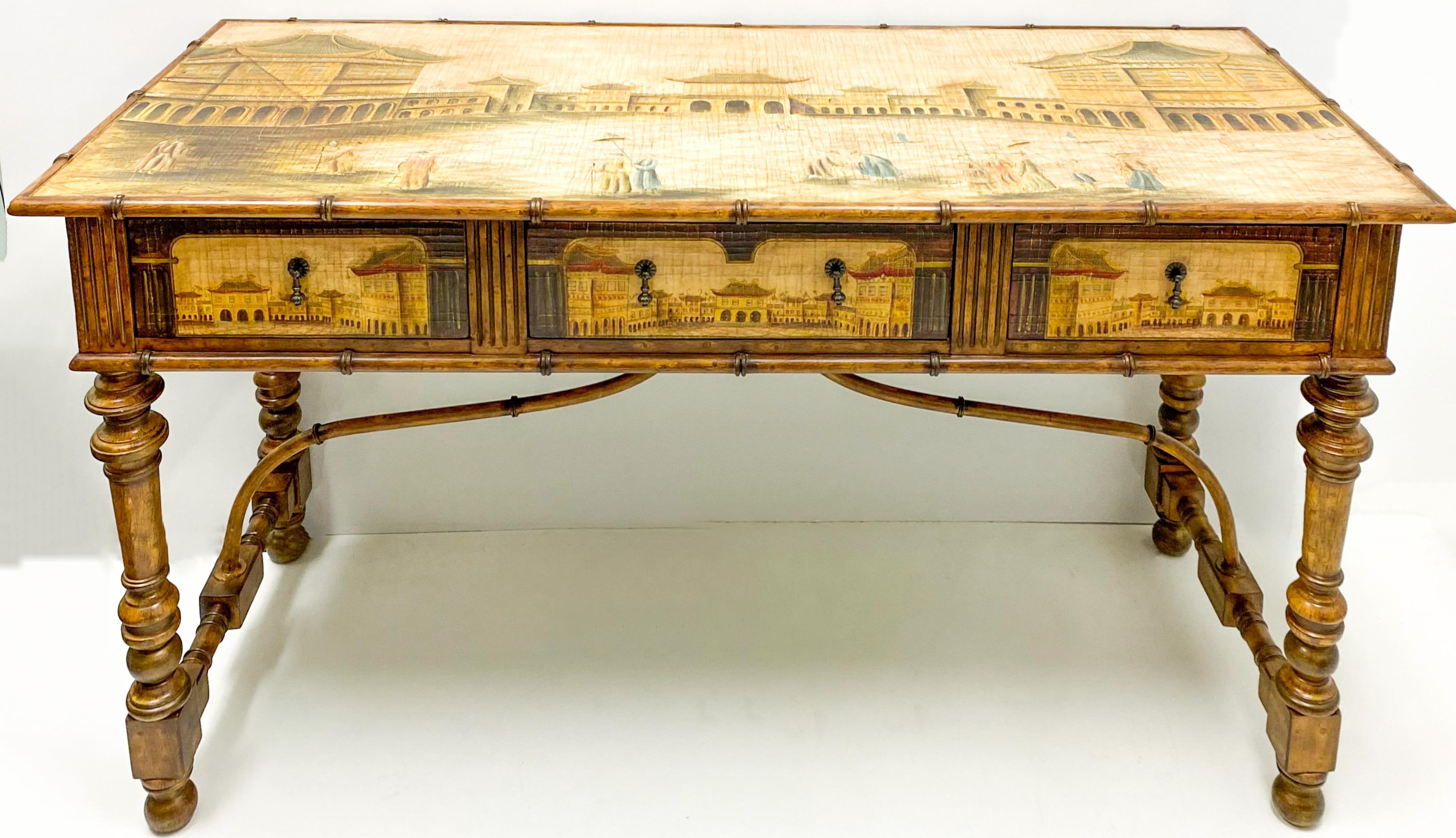 20th Century French Style Carved Fruitwood and Chinoiserie Sideboard / Credenza / Desk For Sale