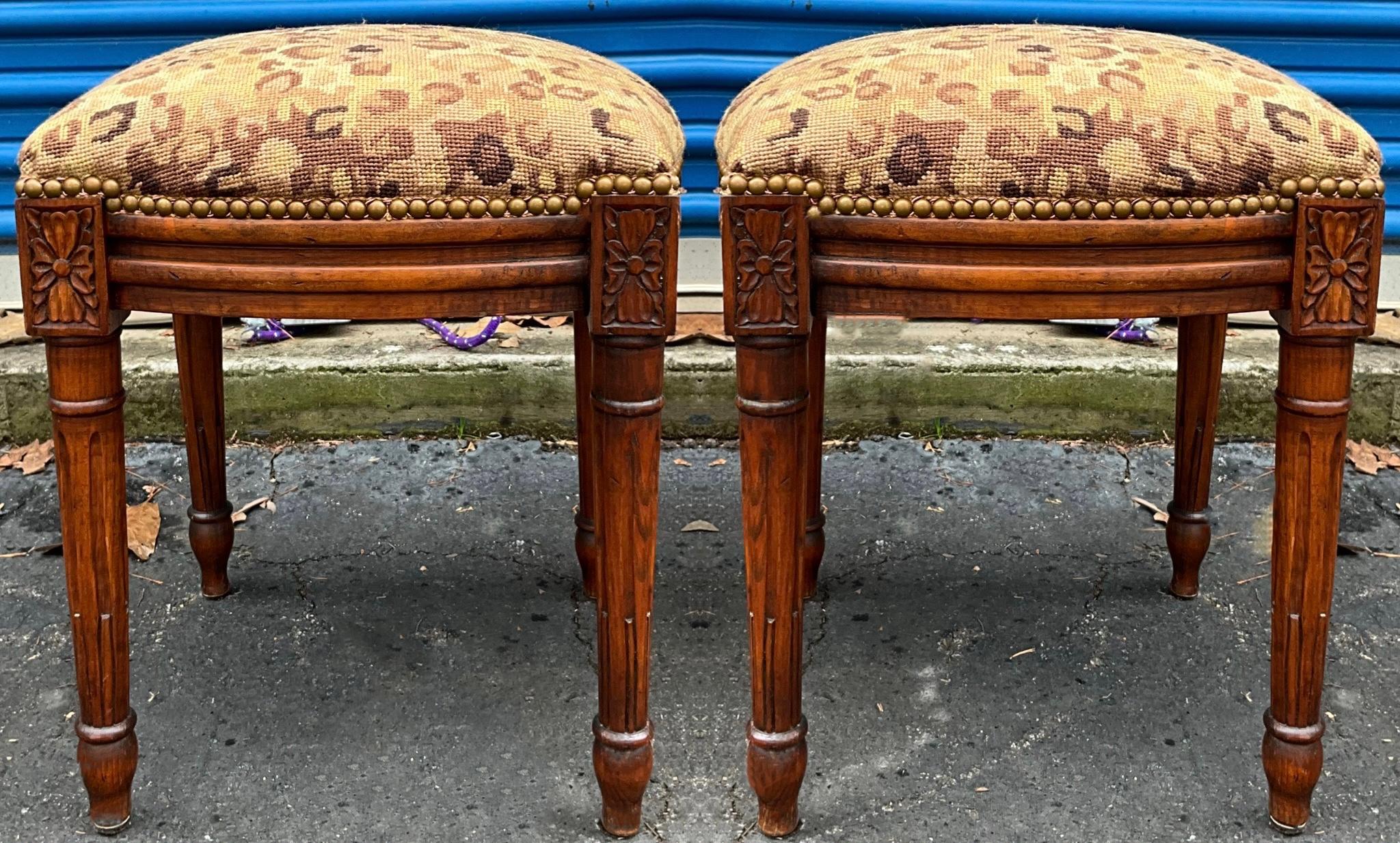 American French Style Carved Fruitwood Ottomans in Needlepoint Leopard, Pair For Sale