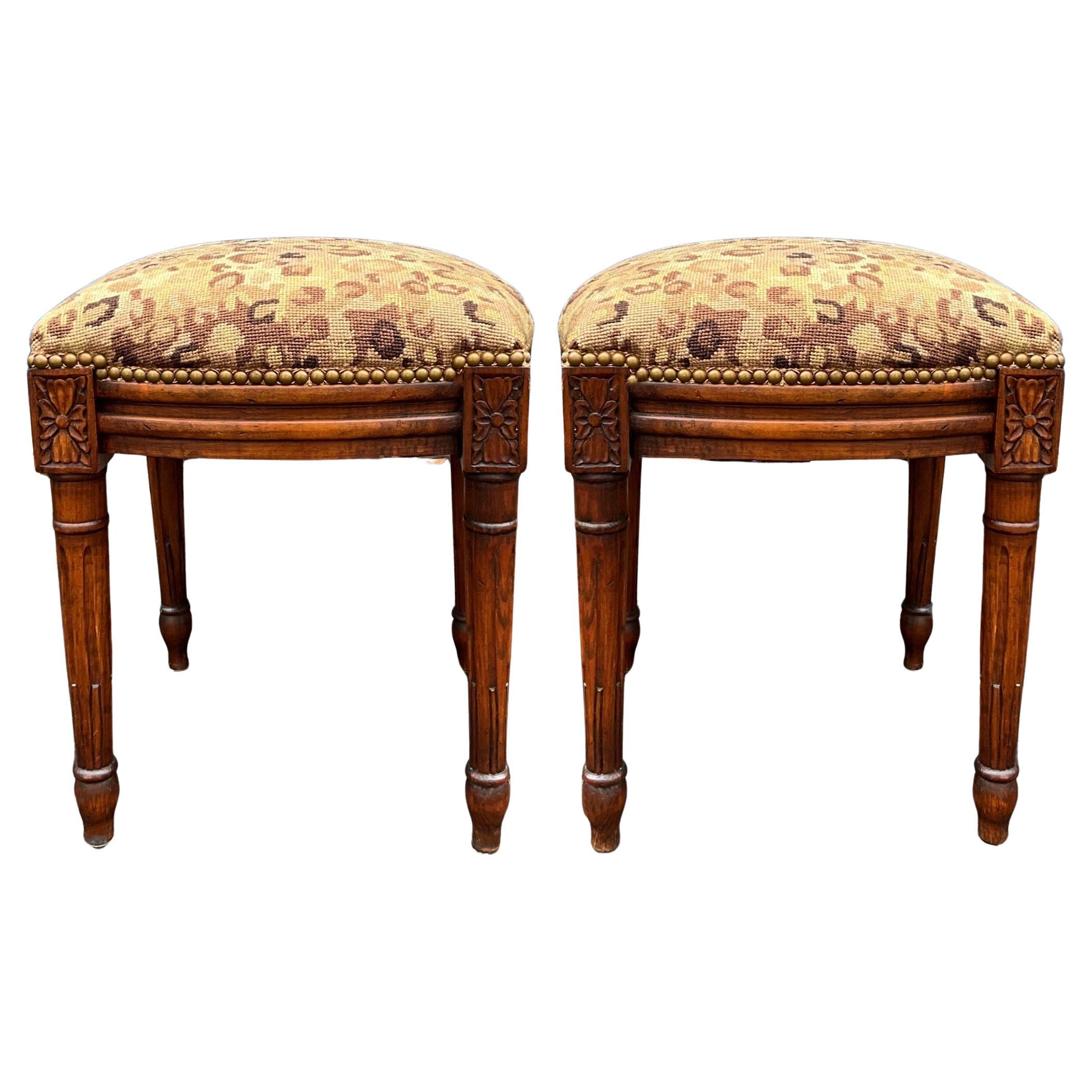 French Style Carved Fruitwood Ottomans in Needlepoint Leopard, Pair