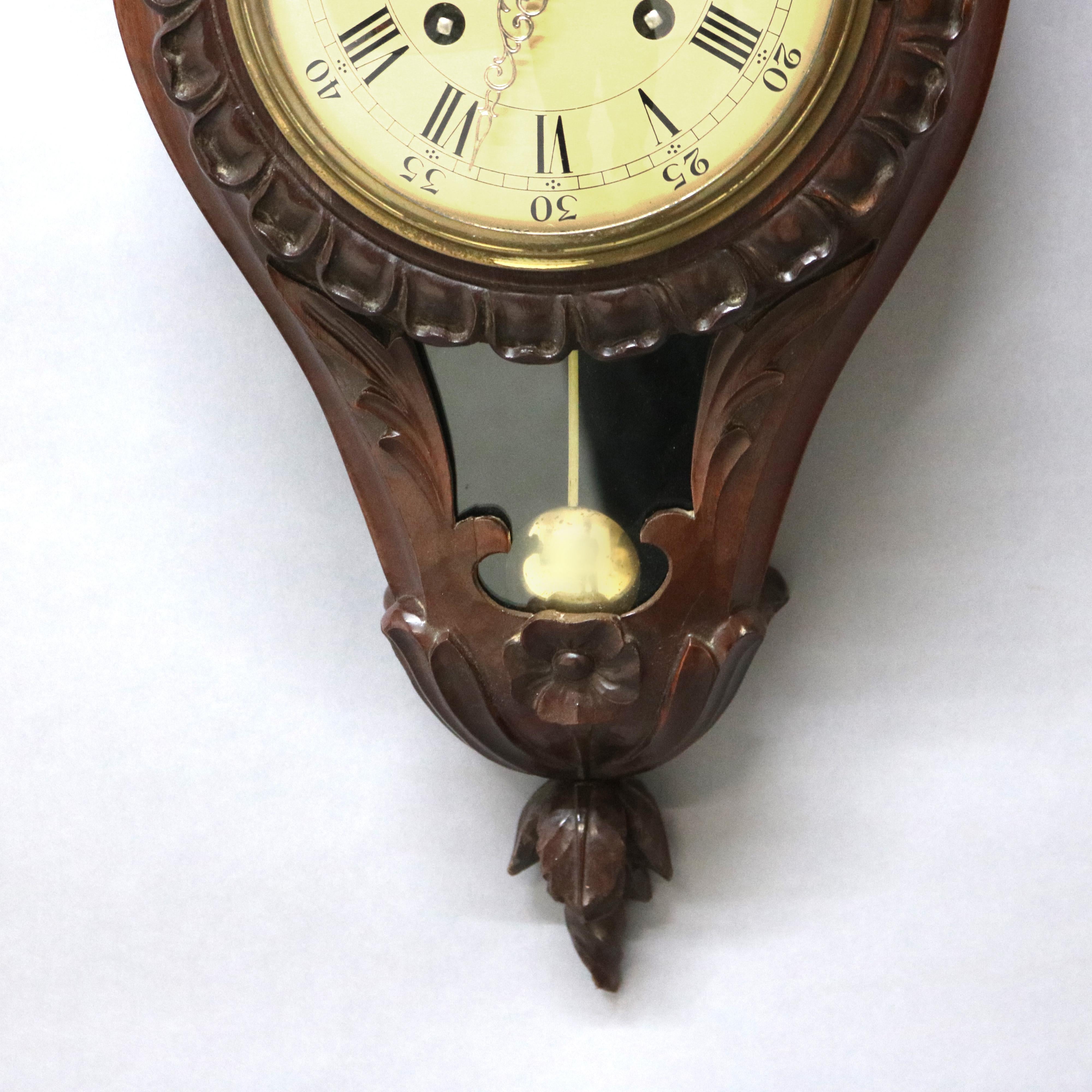 French Style Carved Mahogany Swiss Wall Clock 20th Century In Good Condition For Sale In Big Flats, NY