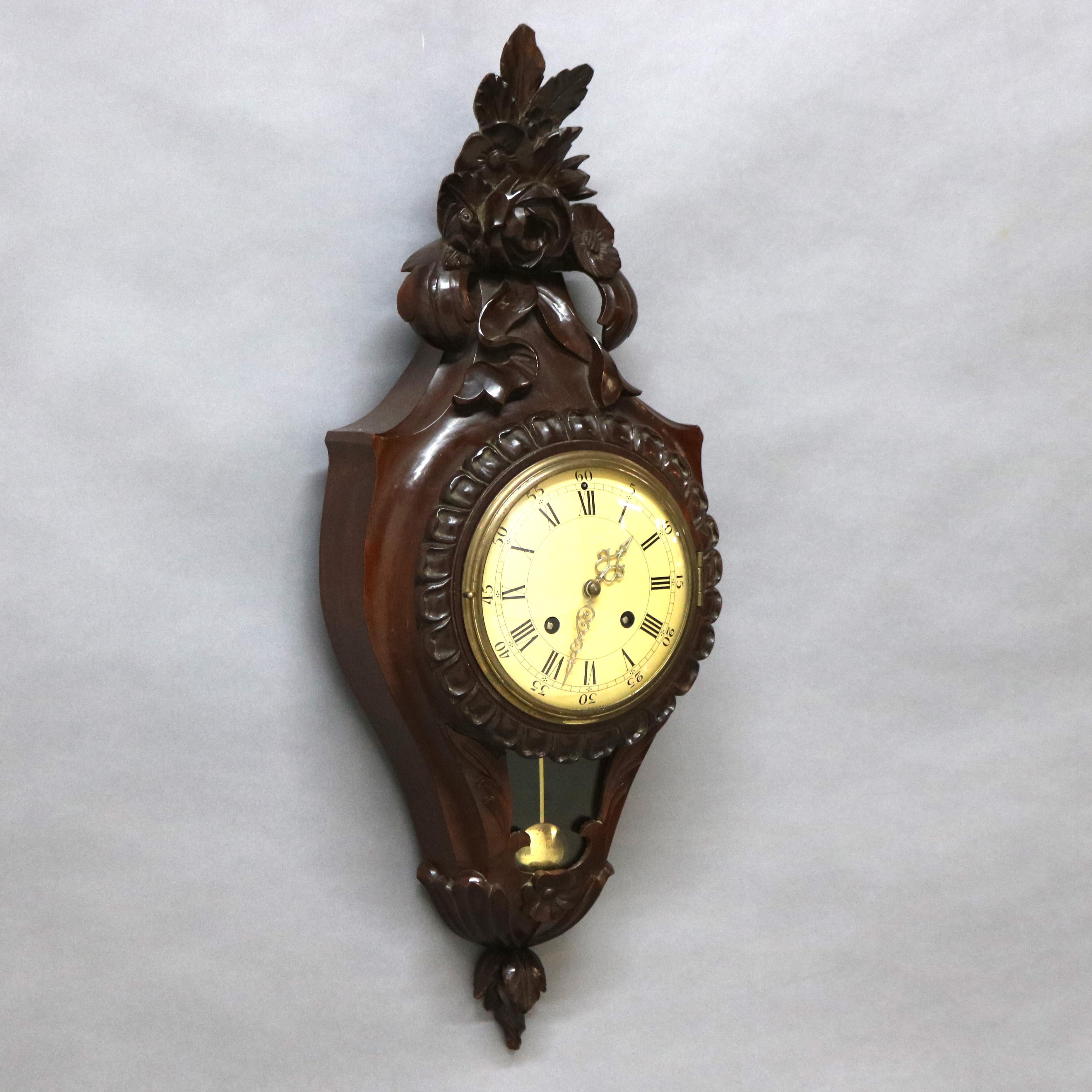French Style Carved Mahogany Swiss Wall Clock 20th Century For Sale 3