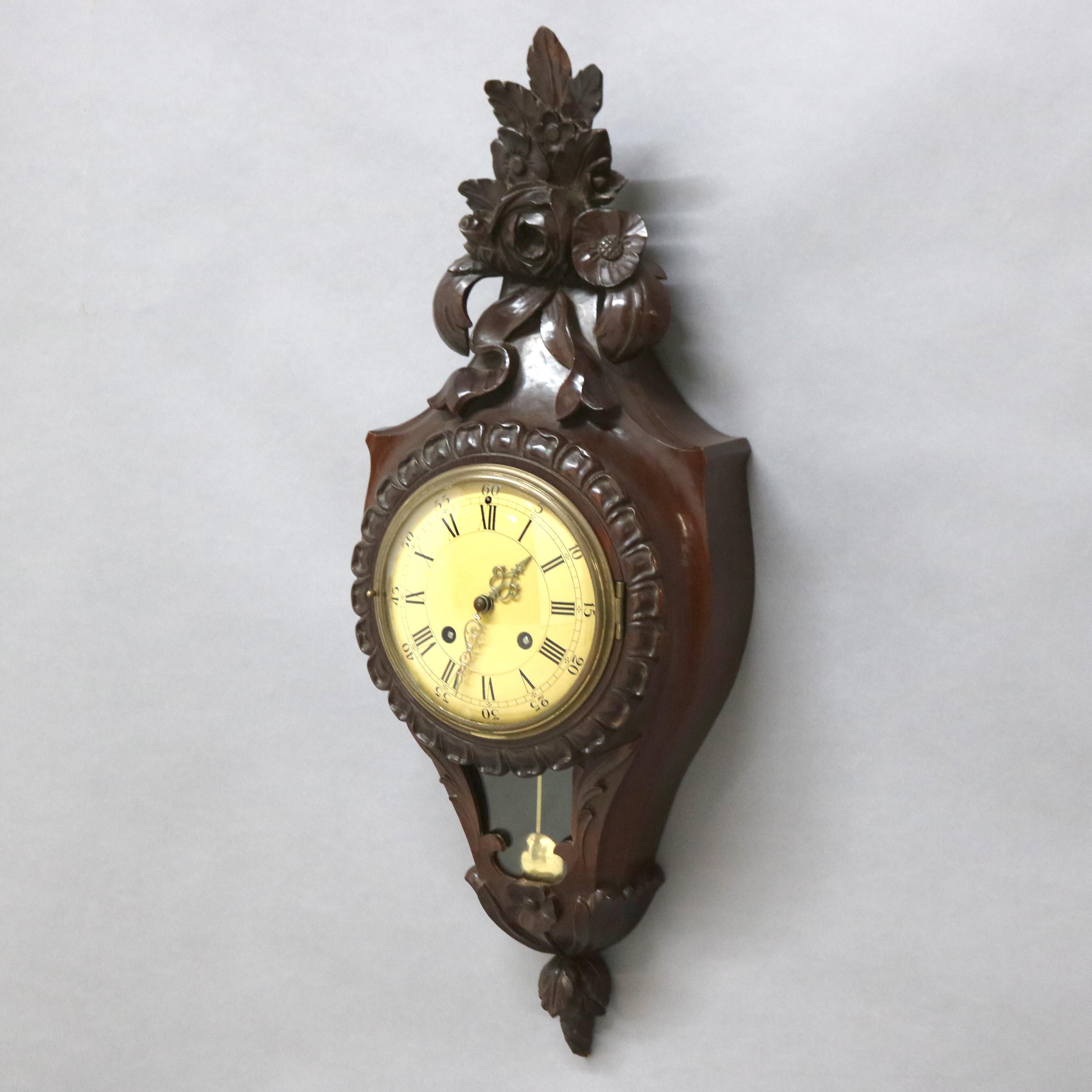 French Style Carved Mahogany Swiss Wall Clock 20th Century For Sale 4
