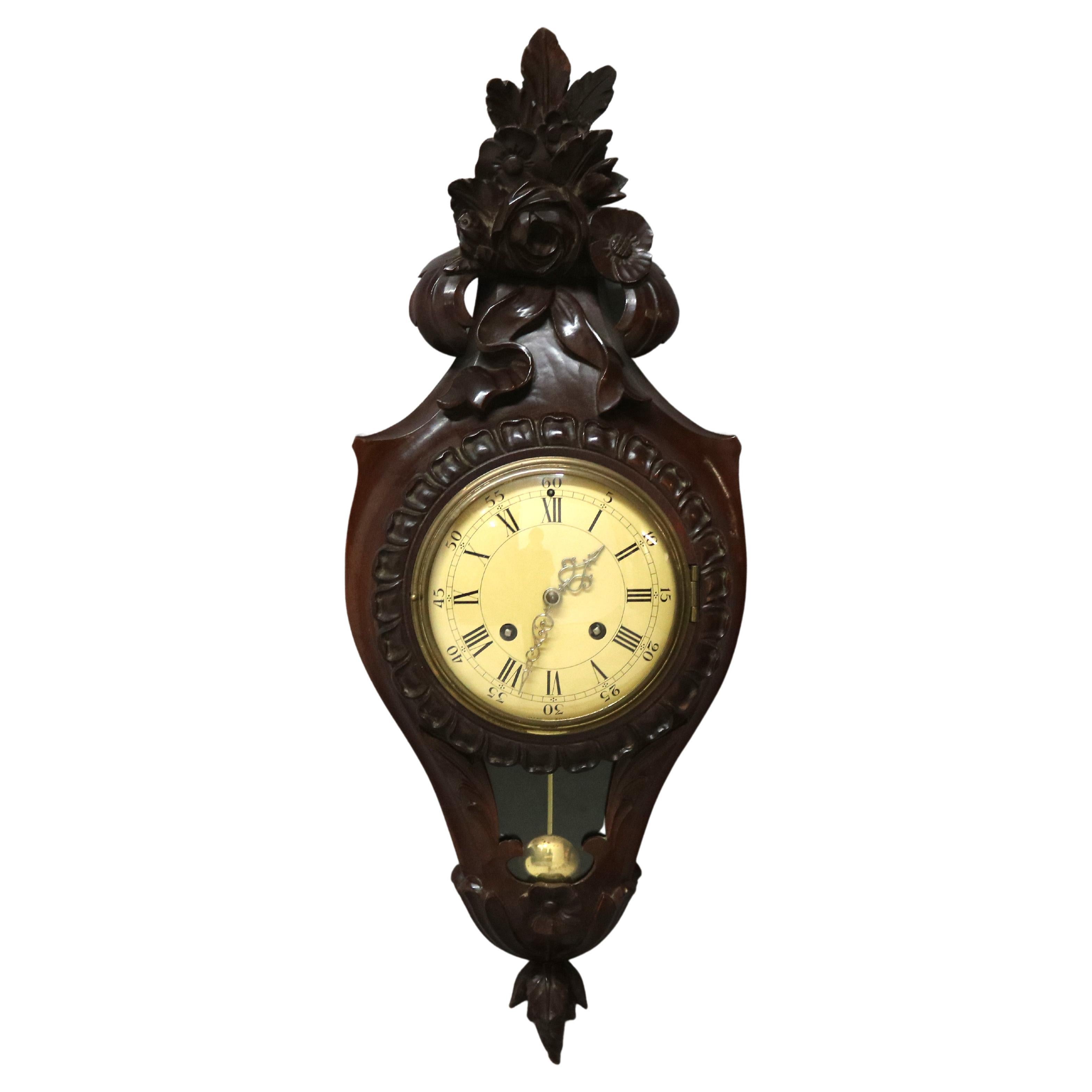 French Style Carved Mahogany Swiss Wall Clock 20th Century For Sale