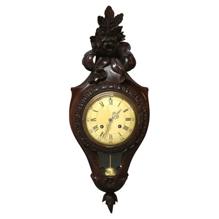 French Style Carved Mahogany Swiss Wall Clock 20th Century For Sale at