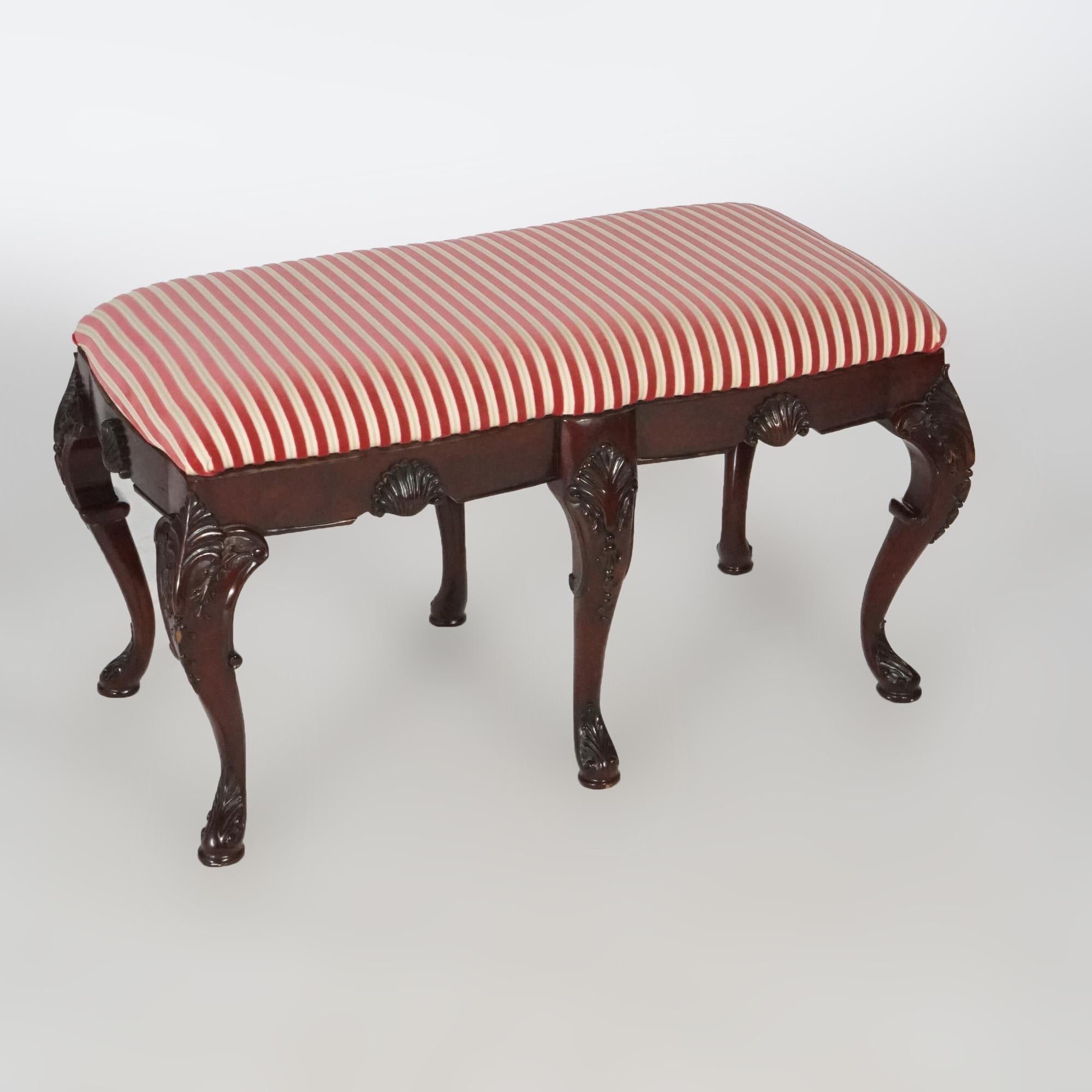 French Style Carved Mahogany Upholstered Long Bench 20th Century For Sale 1