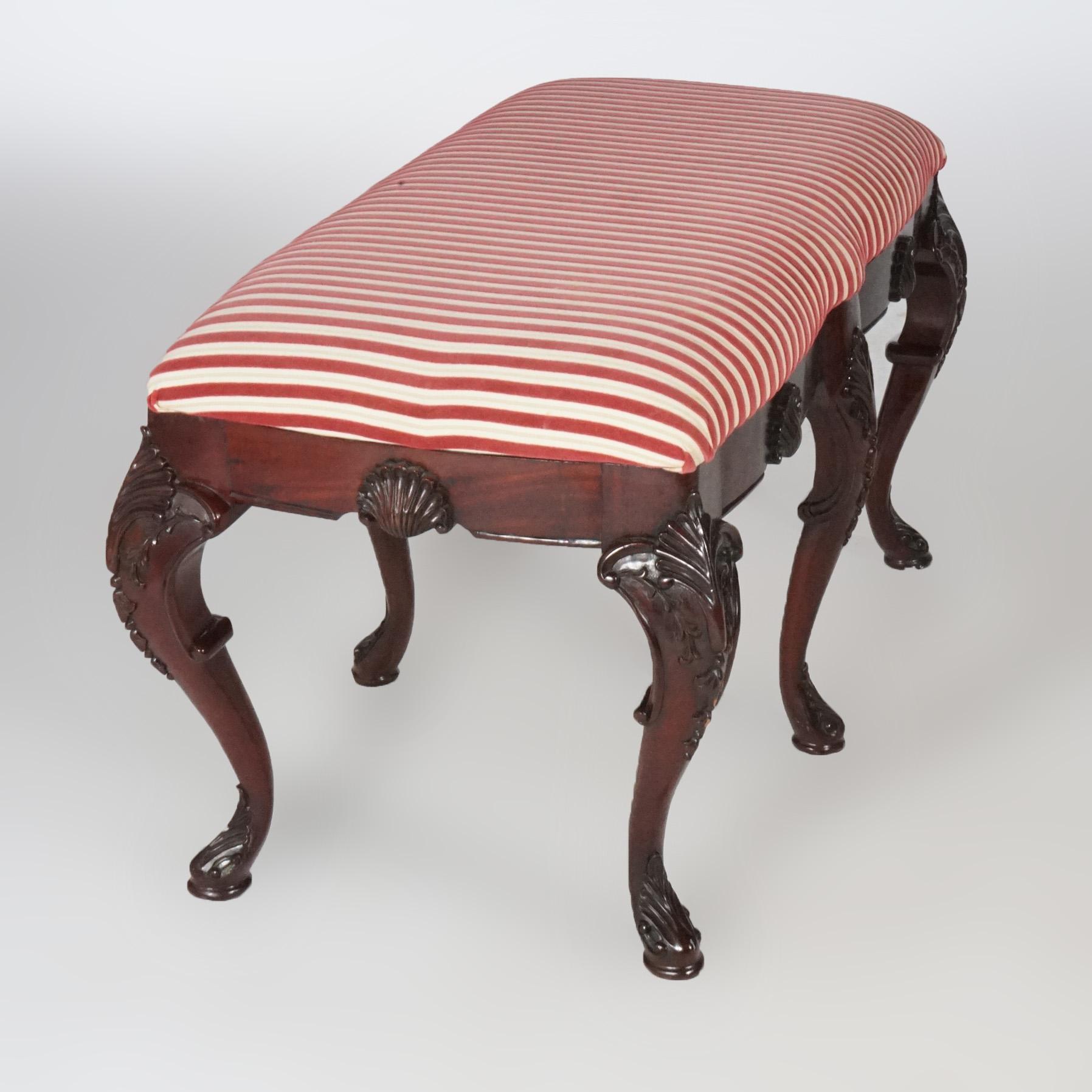 French Style Carved Mahogany Upholstered Long Bench 20th Century For Sale 2