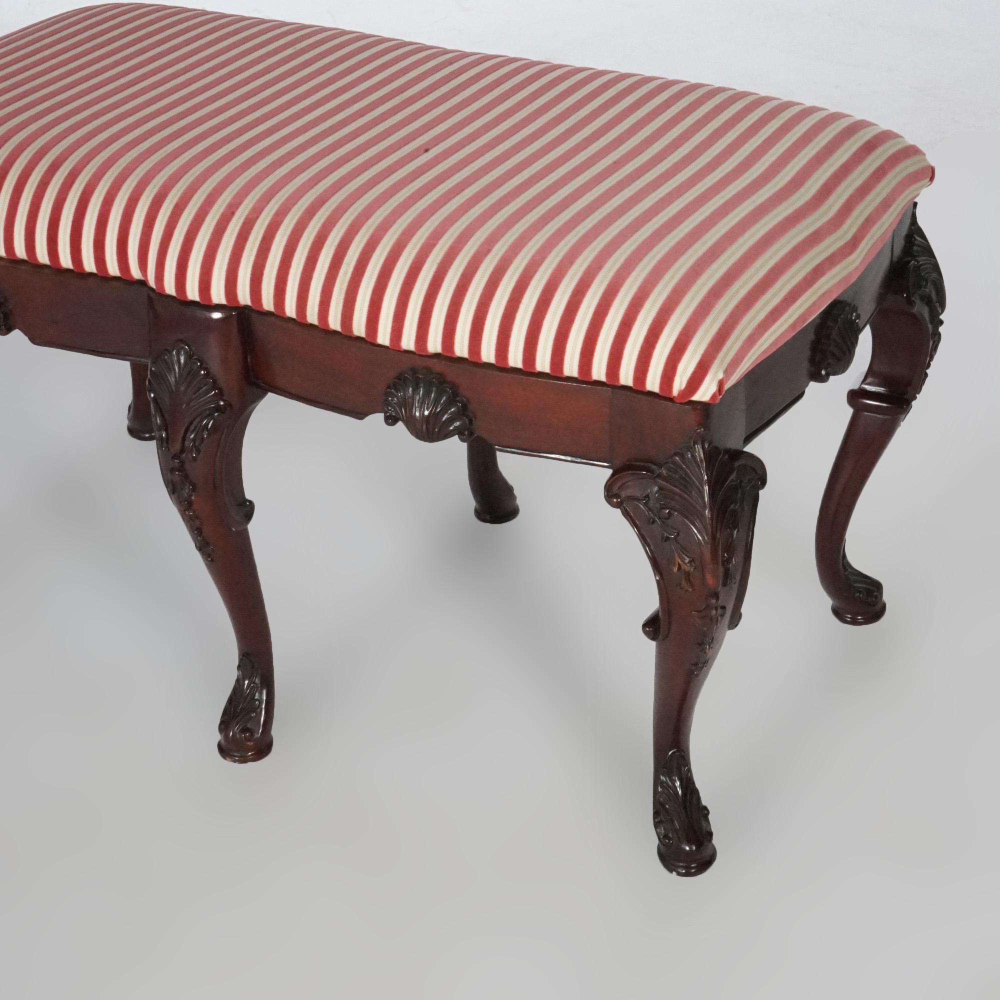 French Style Carved Mahogany Upholstered Long Bench 20th Century For Sale 3