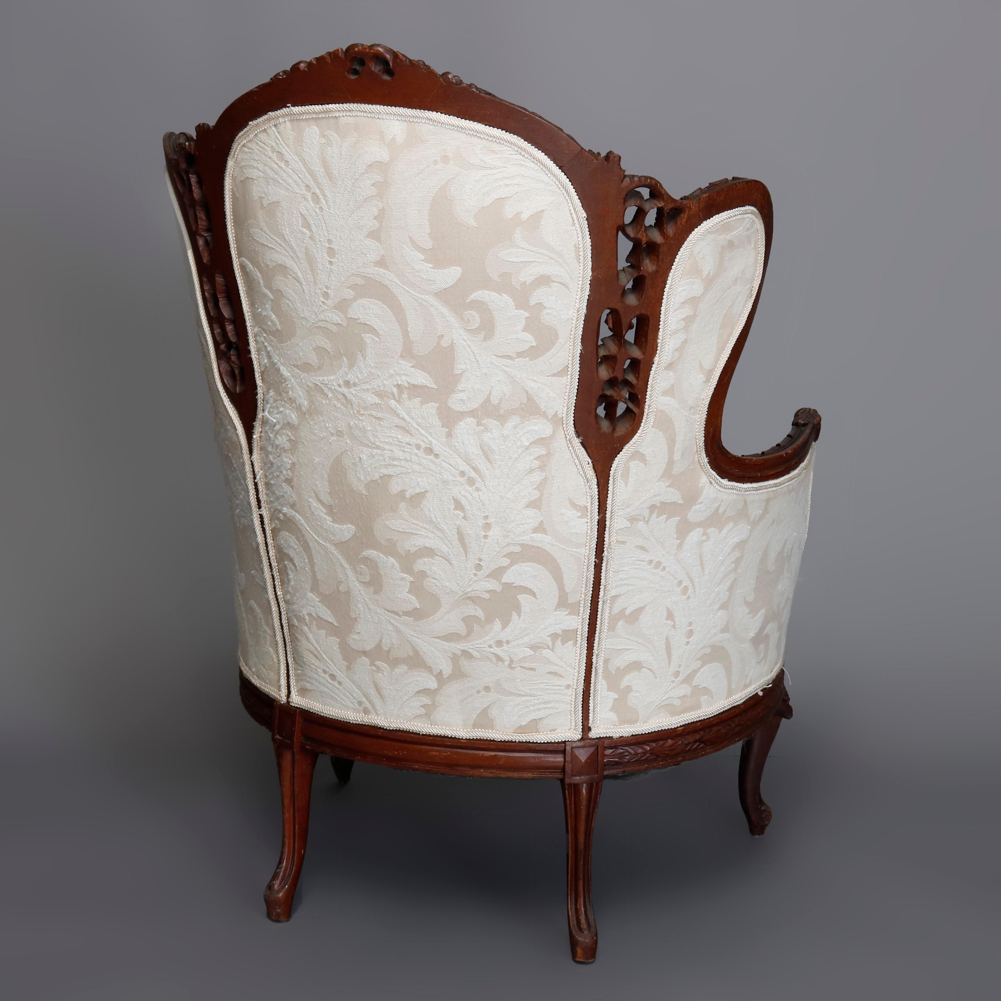 French Style Carved Mahogany Upholstered Wingback Fireside Chair, 20th Century 5