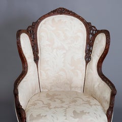 French Style Carved Mahogany Upholstered Wingback Fireside Chair, 20th Century