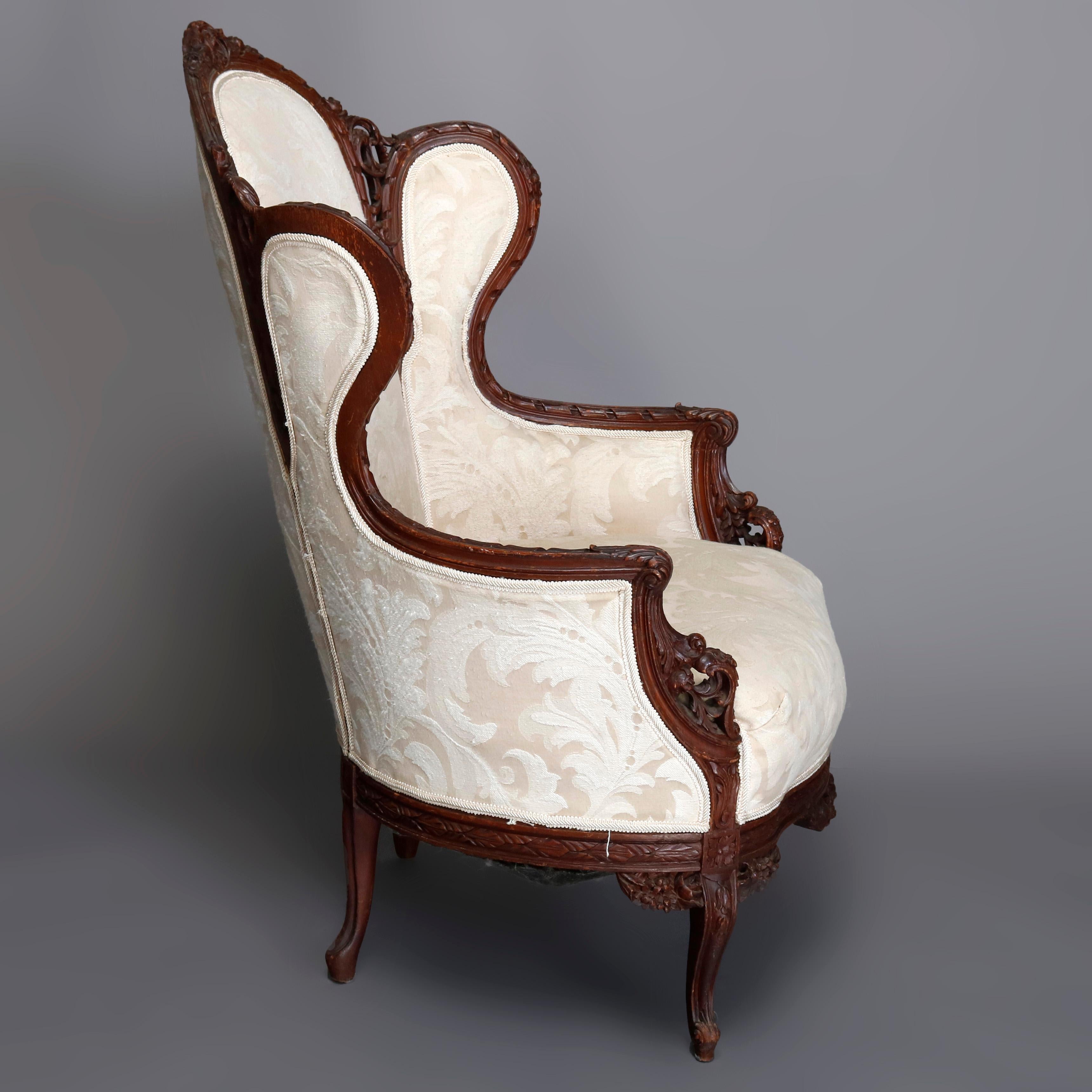 Louis XV French Style Carved Mahogany Upholstered Wingback Fireside Chair, 20th Century