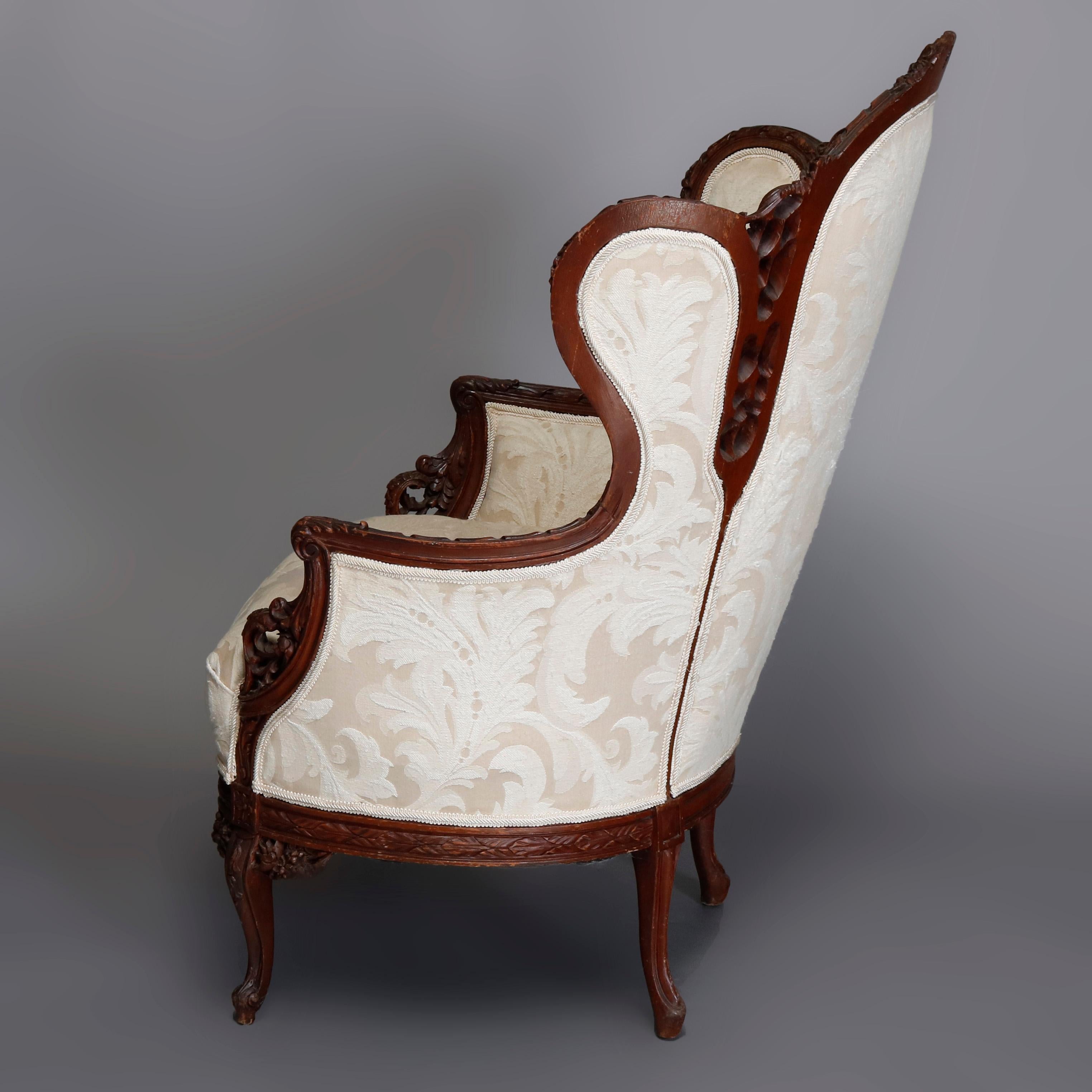 French Style Carved Mahogany Upholstered Wingback Fireside Chair, 20th Century In Good Condition In Big Flats, NY