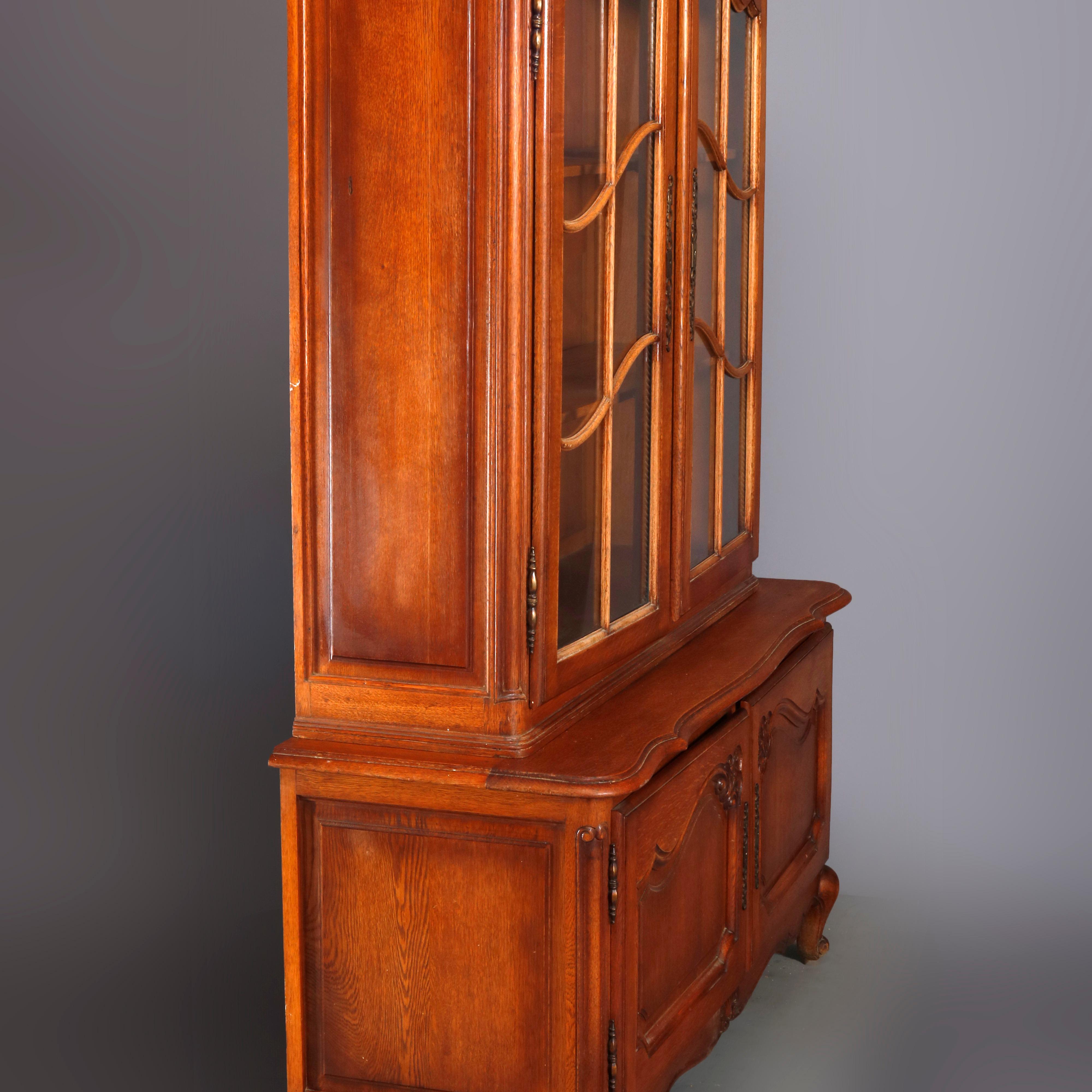 French Style Carved Oak Double Glass Door Breakfront Cabinet, 20th Century 6