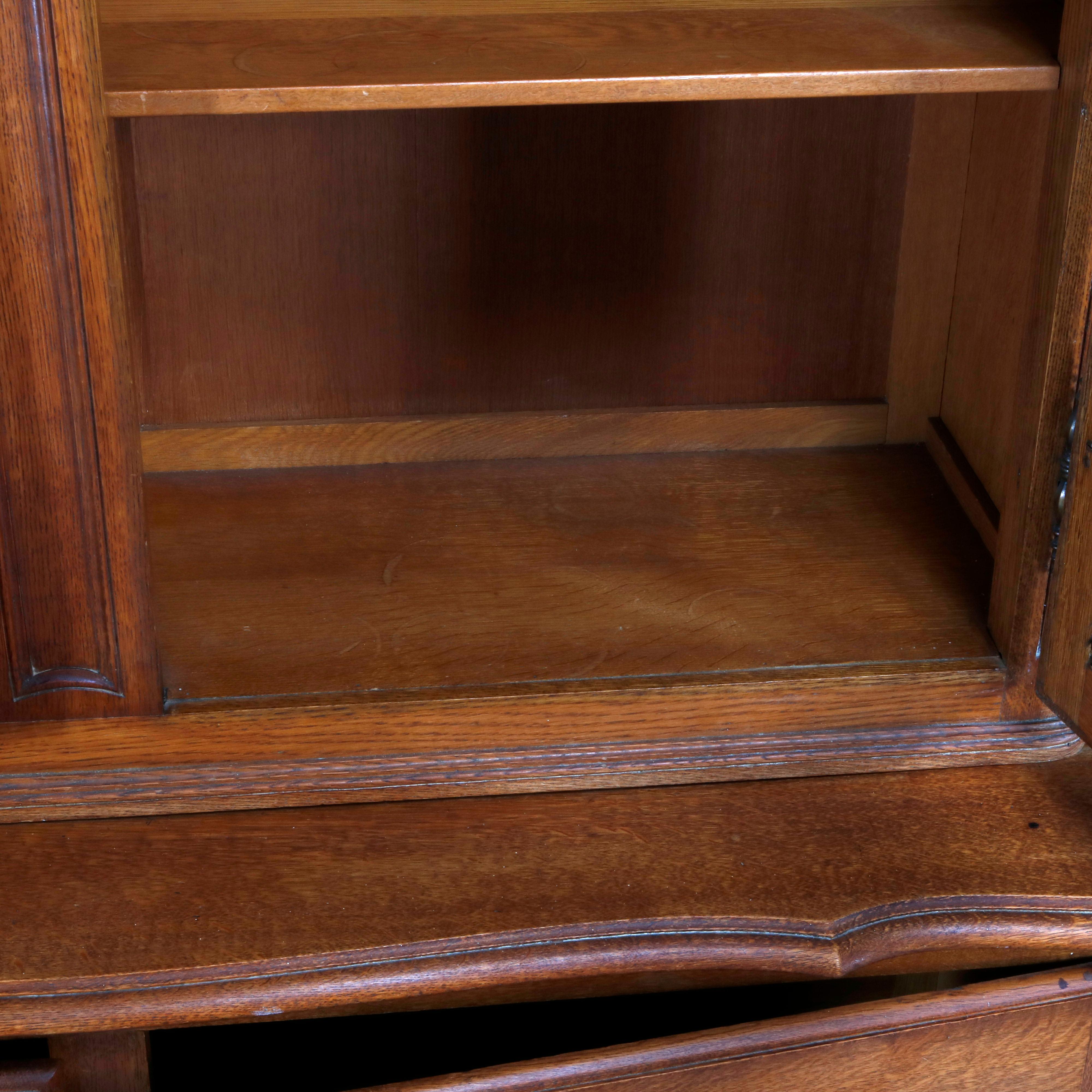 French Style Carved Oak Double Glass Door Breakfront Cabinet, 20th Century 7