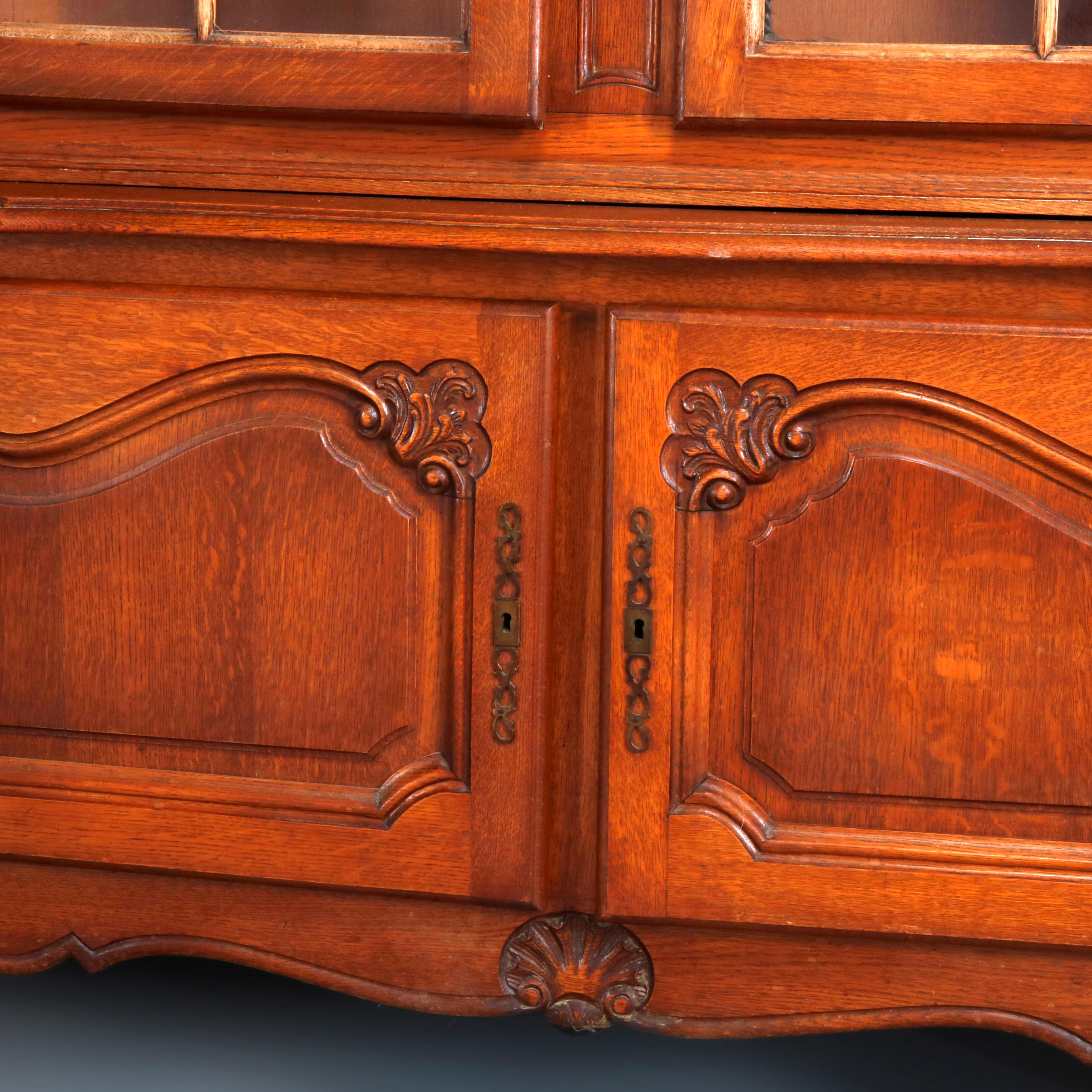 French Style Carved Oak Double Glass Door Breakfront Cabinet, 20th Century 1